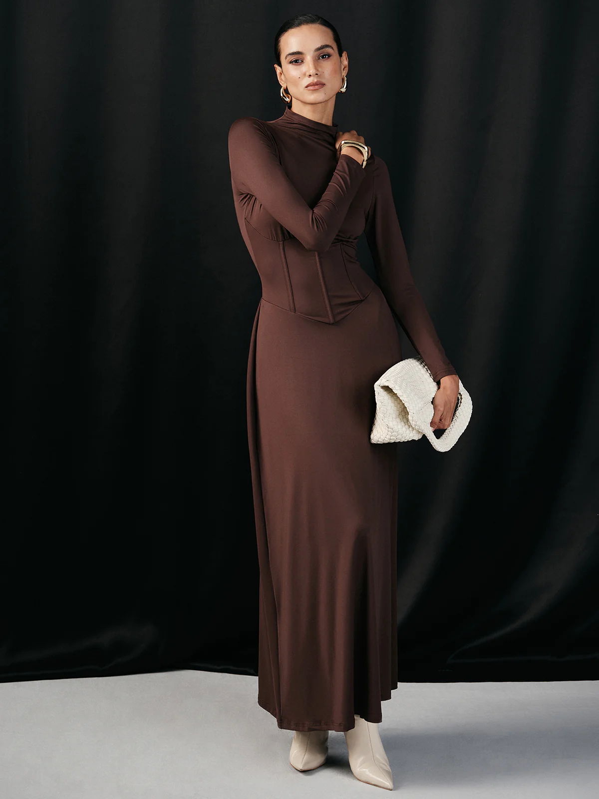 Mock Neck Corset Waist Long Sleeve Maxi Dress - Wholesalesil