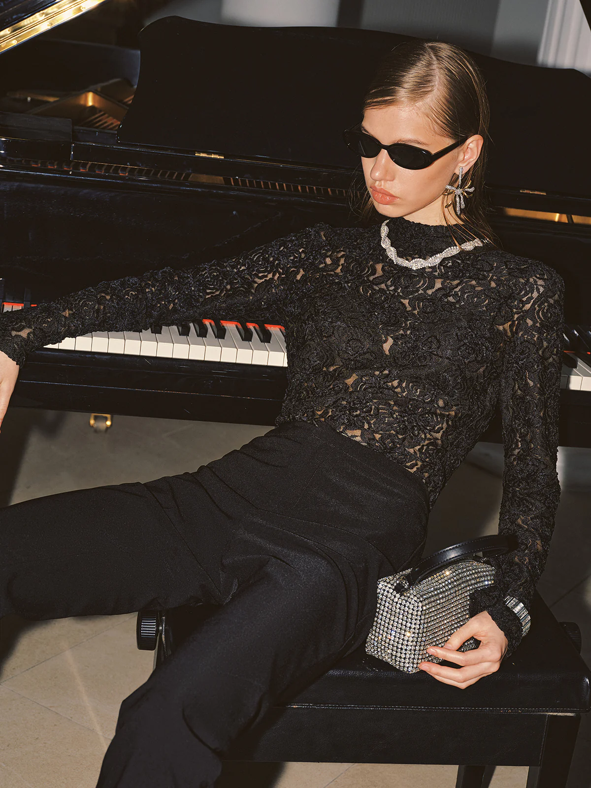 High Neck Lace Floral Long Sleeve Blouse - Wholesalesil