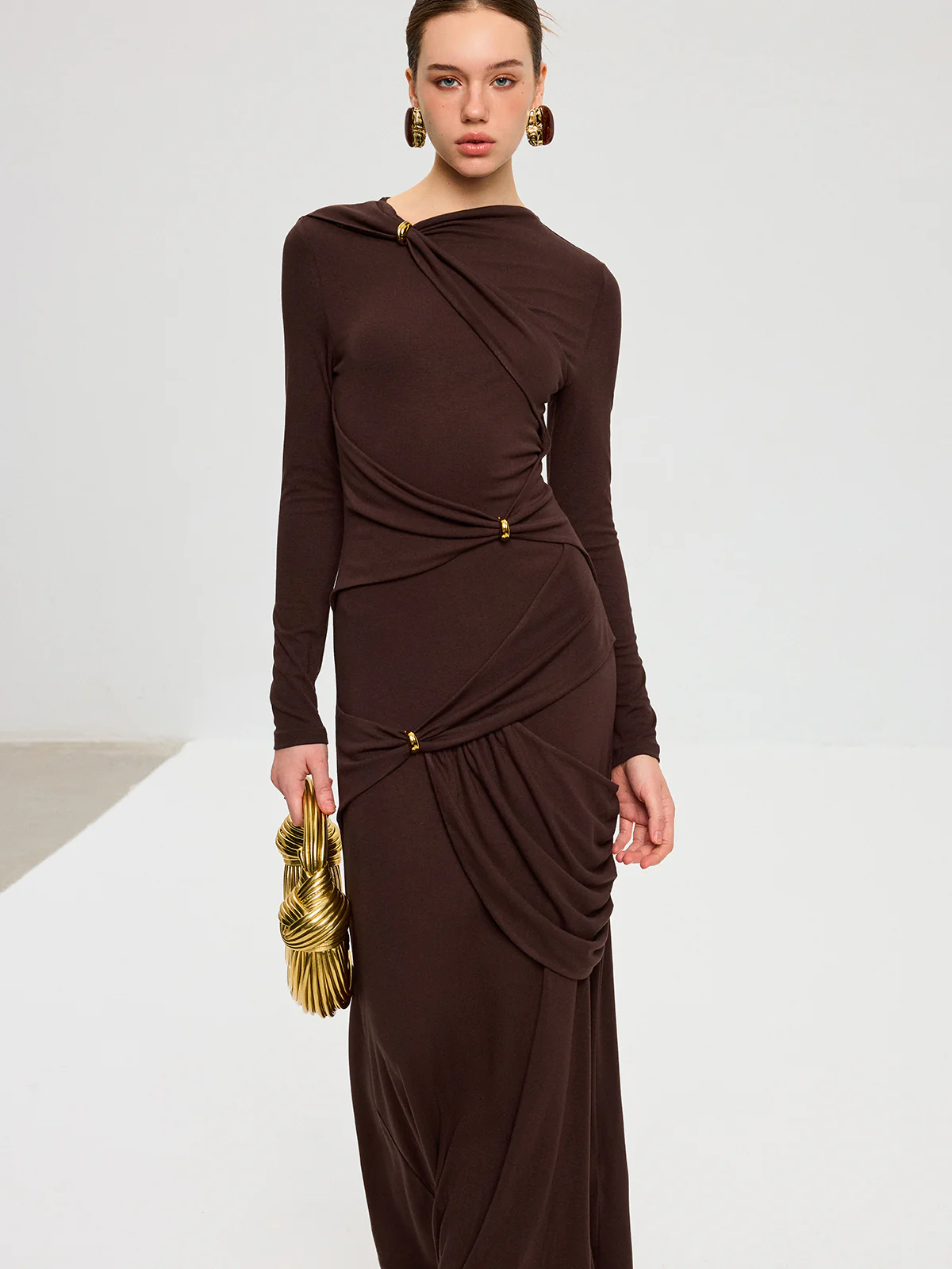 Metal Detail Long Sleeve Draped Maxi Dress - Wholesalesil