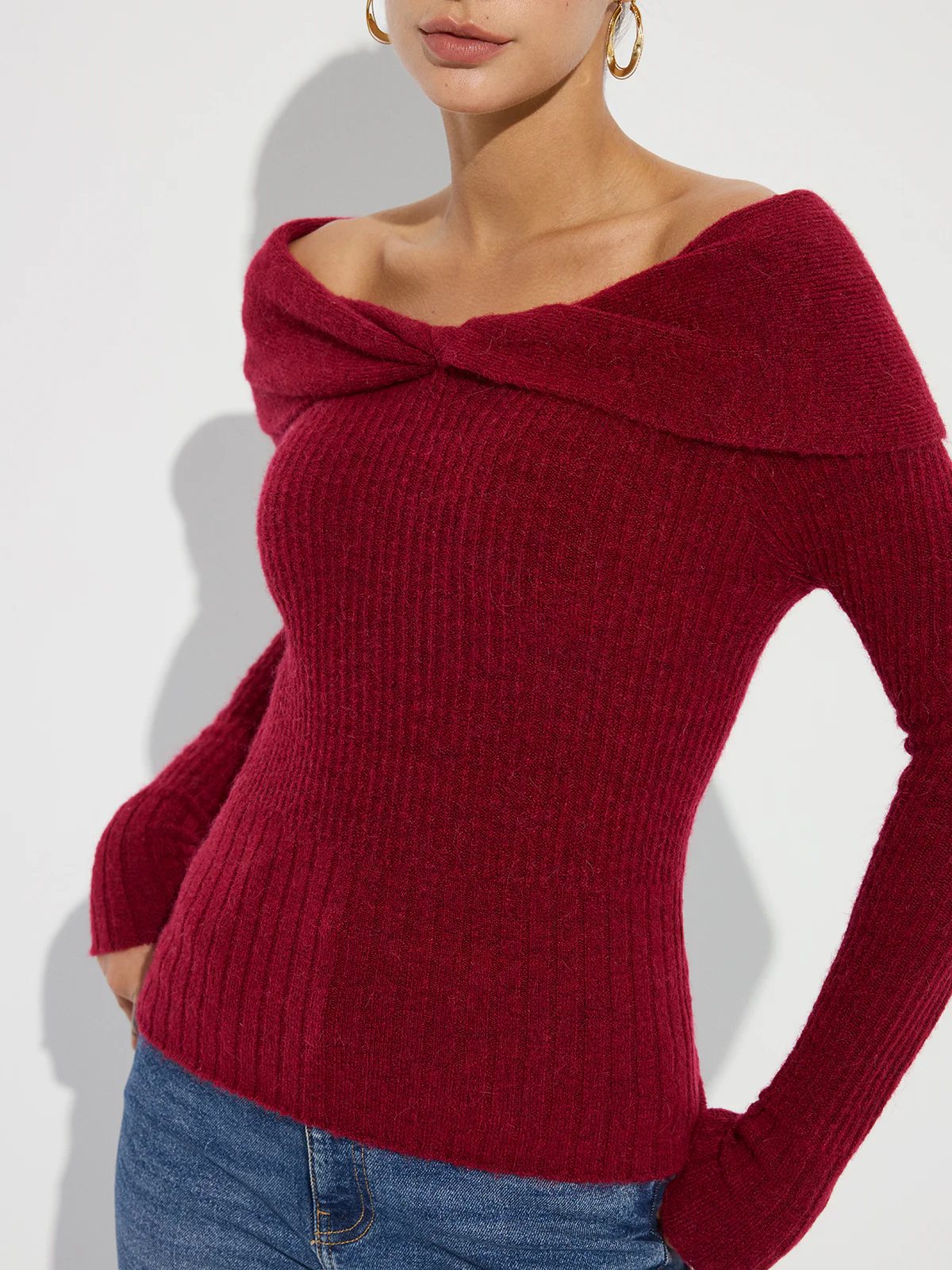 Wool Blend Twisted Off-Shoulder Knit Sweater - Wholesalesil