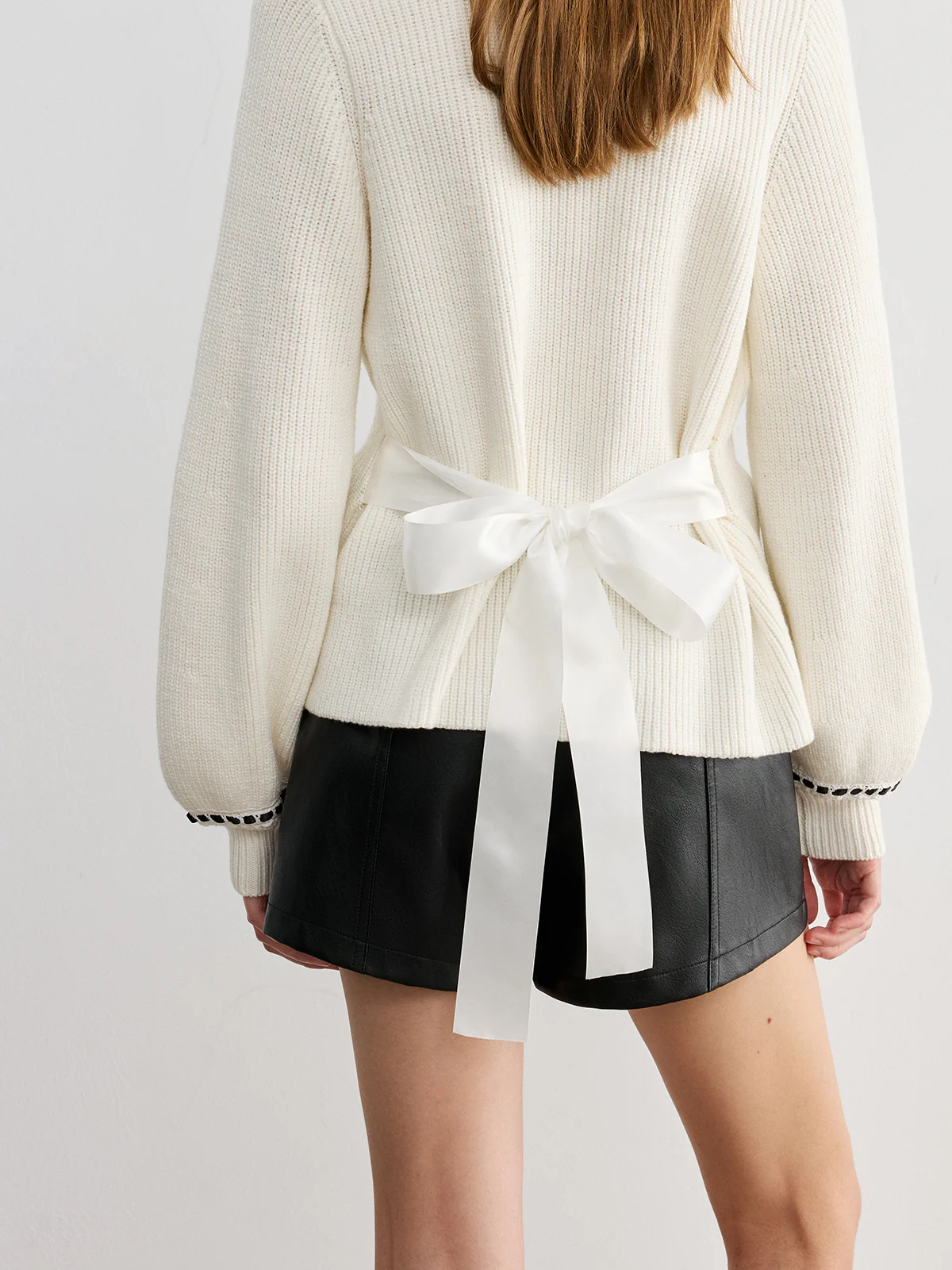 Back Bow Contrast Trim Collared Cardigan - Wholesalesil
