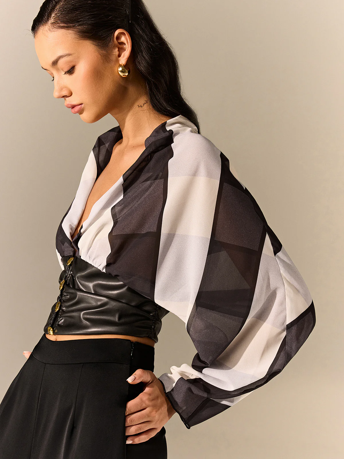 Semi-Sheer Striped Panel Faux Leather Top - Wholesalesil