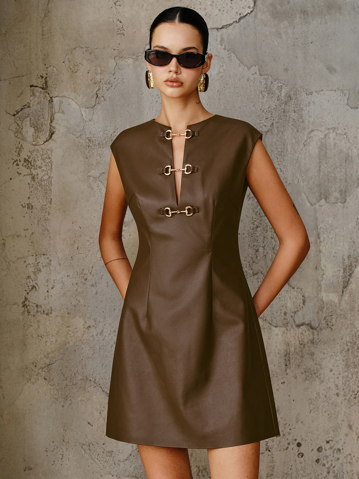 PU Leather Metal Buckle Sleeveless Mini Dress - Wholesalesil