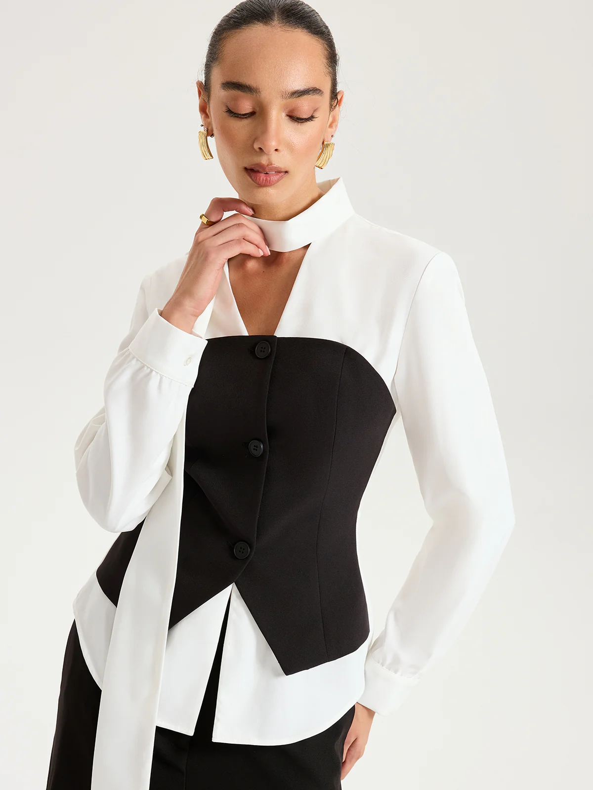 2 in 1 Contrast Panel Tie-Neck Blouse - Wholesalesil