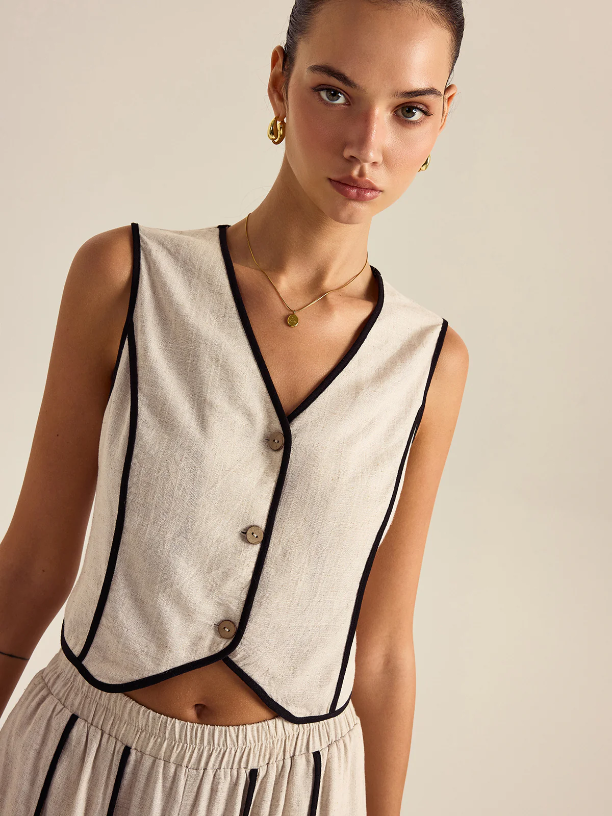 Linen & Cotton Striped Pants Set With Elastic Waist - Wholesalesil