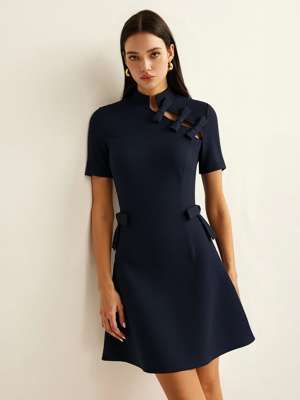 Bow Cut-Out Stand Collar Short Sleeve Dress - Wholesalesil