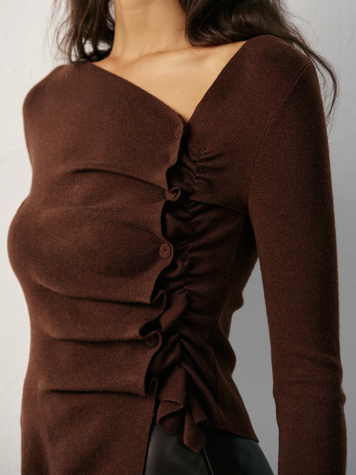 Wool Blend Asymmetric Ruched Side-Button Cardigan - Wholesalesil