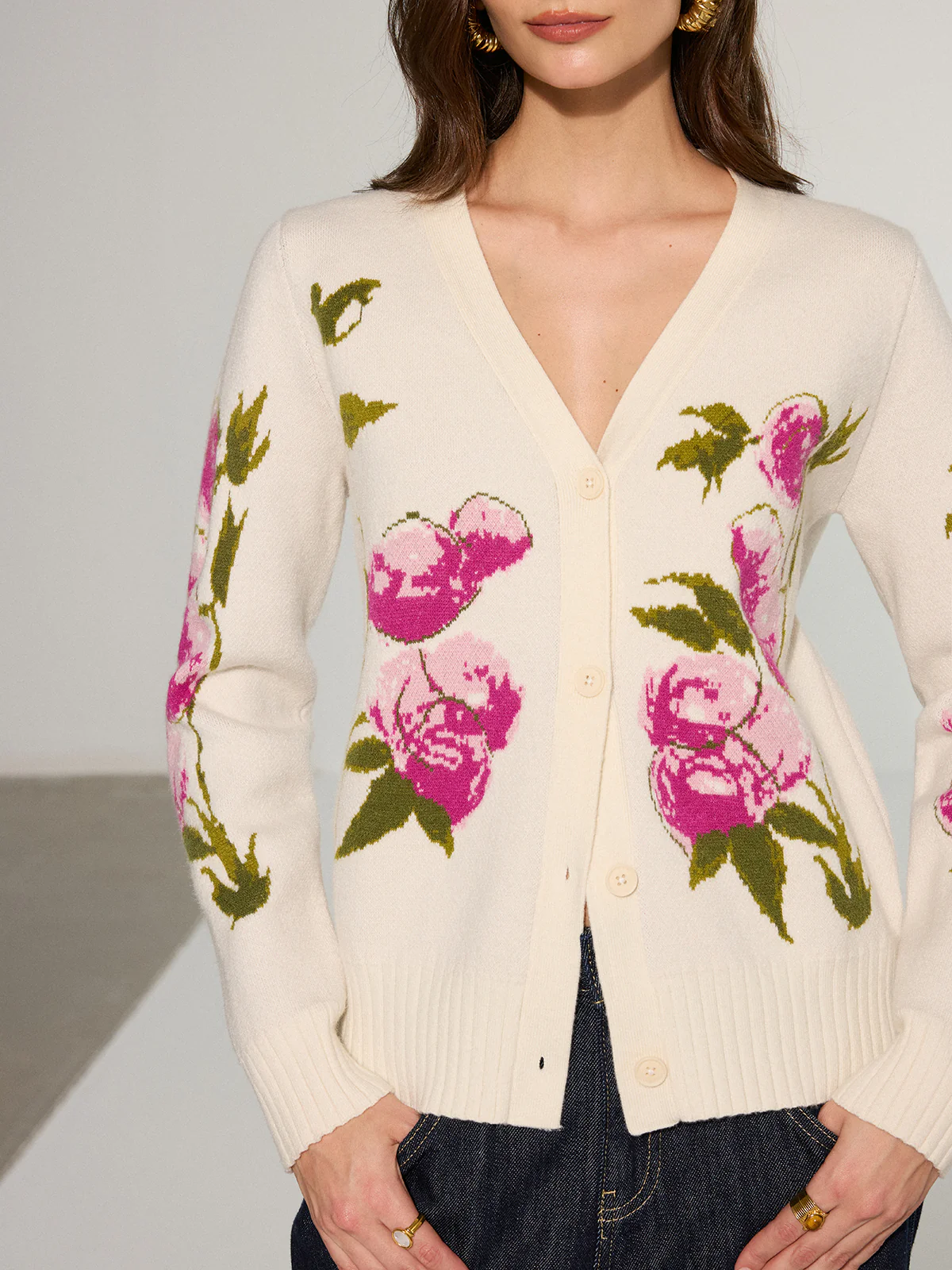 Floral V-Neck Button-Front Cardigan - Wholesalesil