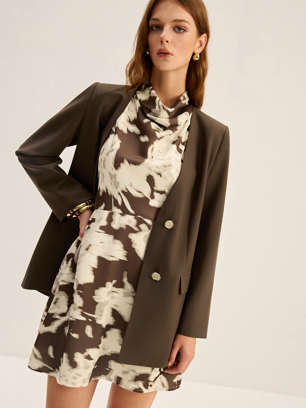 Blurry Print Cowl Neck Mini Dress - Wholesalesil