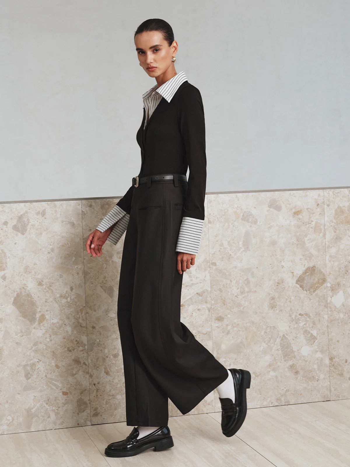 Mock Two-Piece Long-Sleeve Two Tone Polo Top - Wholesalesil