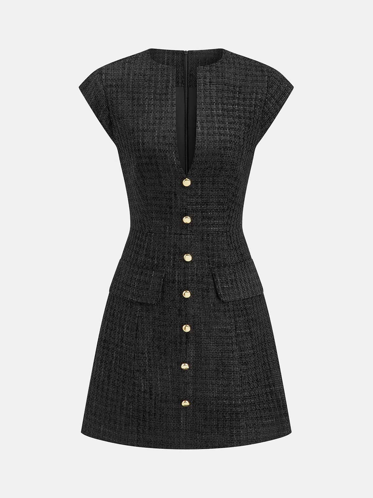 Metal Button Tweed Sleeveless Mini Dress - Wholesalesil