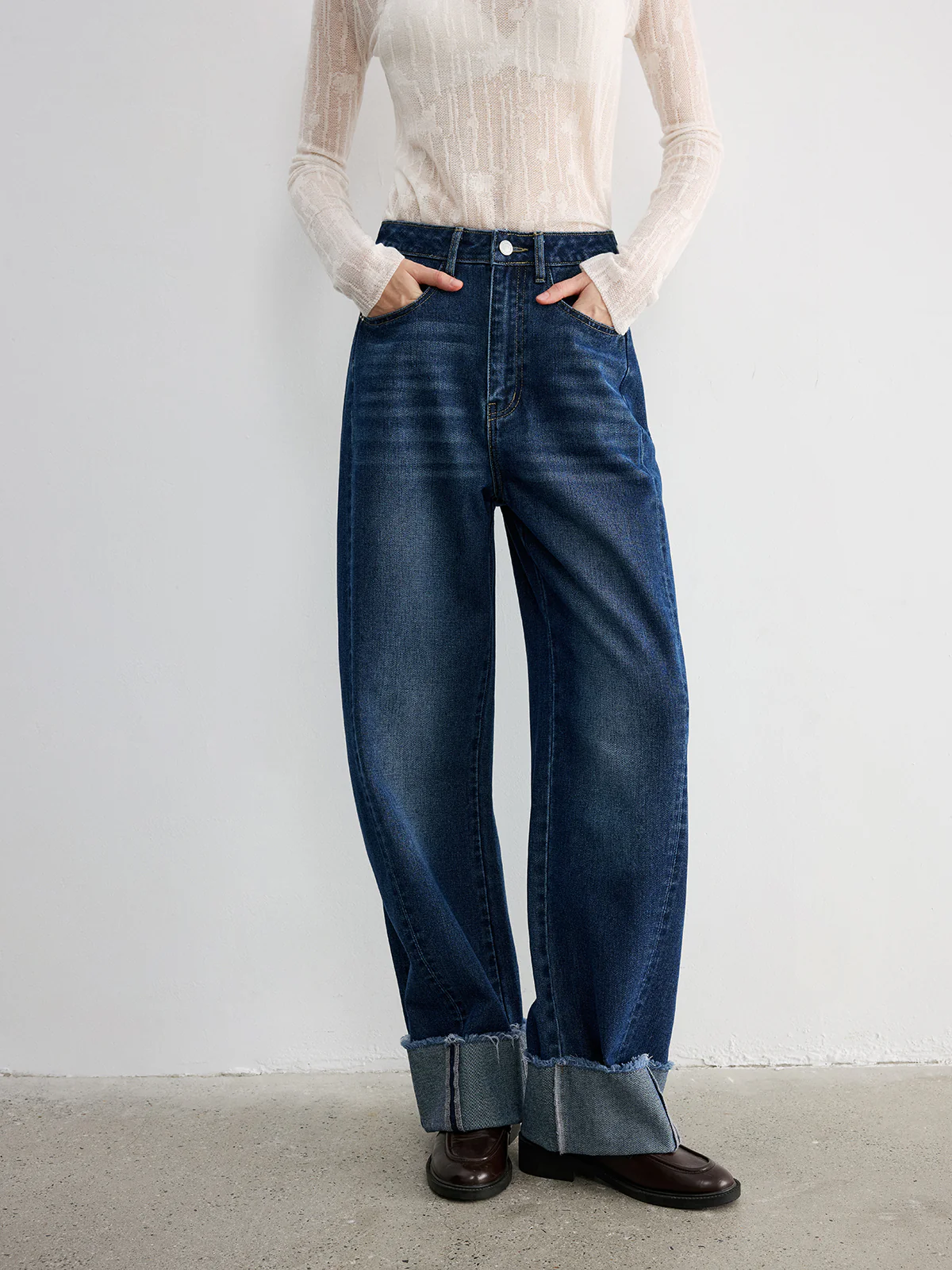 Frayed Cuffed Denim Wide-Leg Jeans - Wholesalesil
