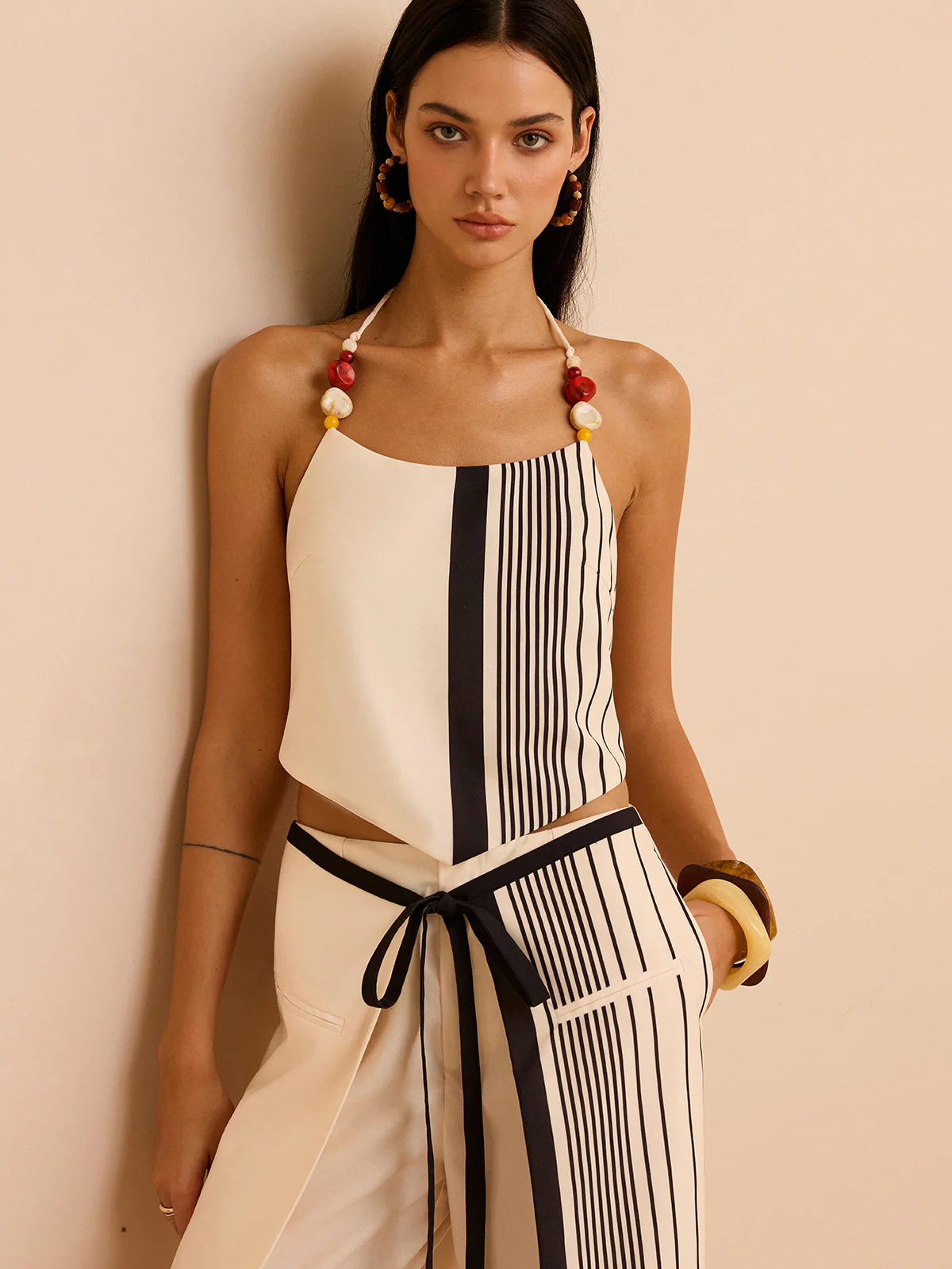 Striped Halter Top with Beaded Straps - Wholesalesil
