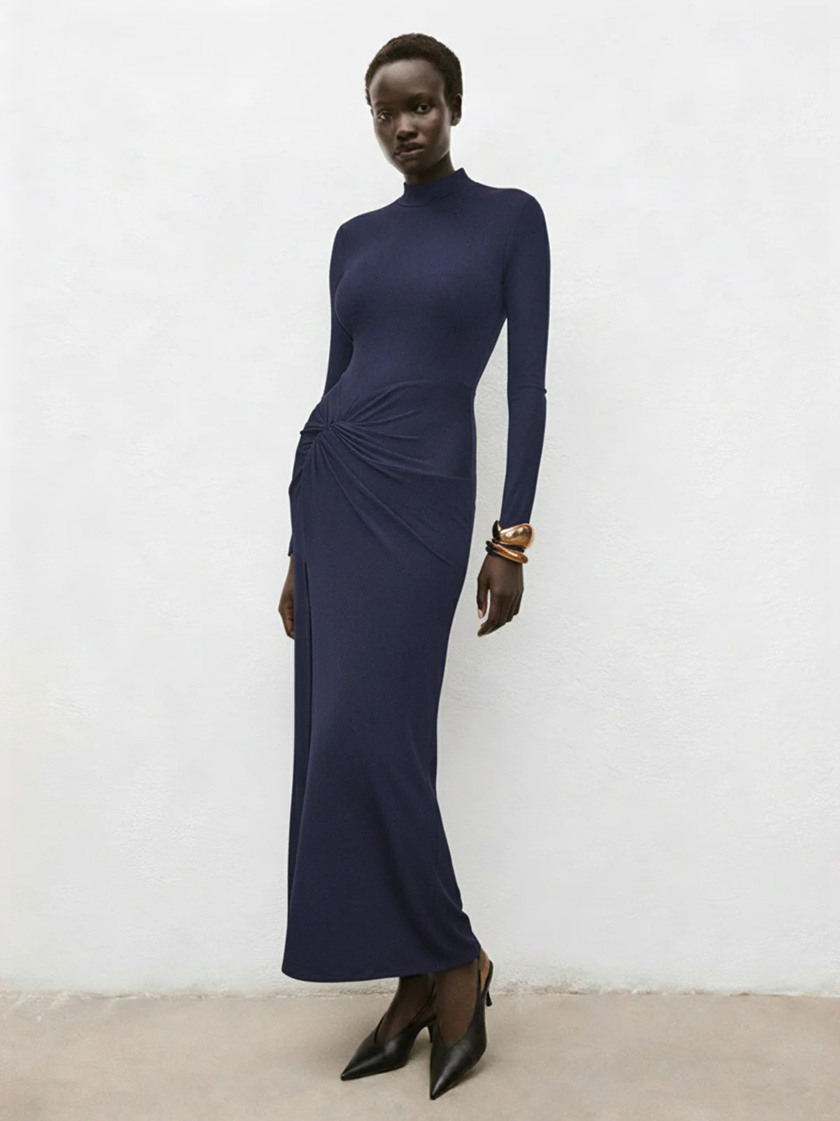 Mock Neck Ruched Slit Maxi Dress - Wholesalesil