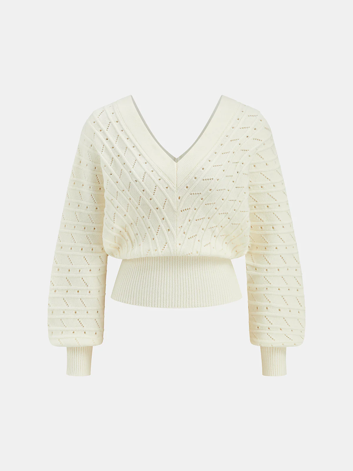 Textured Openwork V-Neck Lantern Sleeve Sweater - Wholesalesil