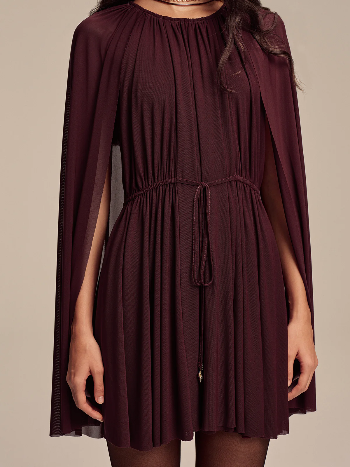 Mesh Cape Sleeve Tie-Waist Mini Dress - Wholesalesil