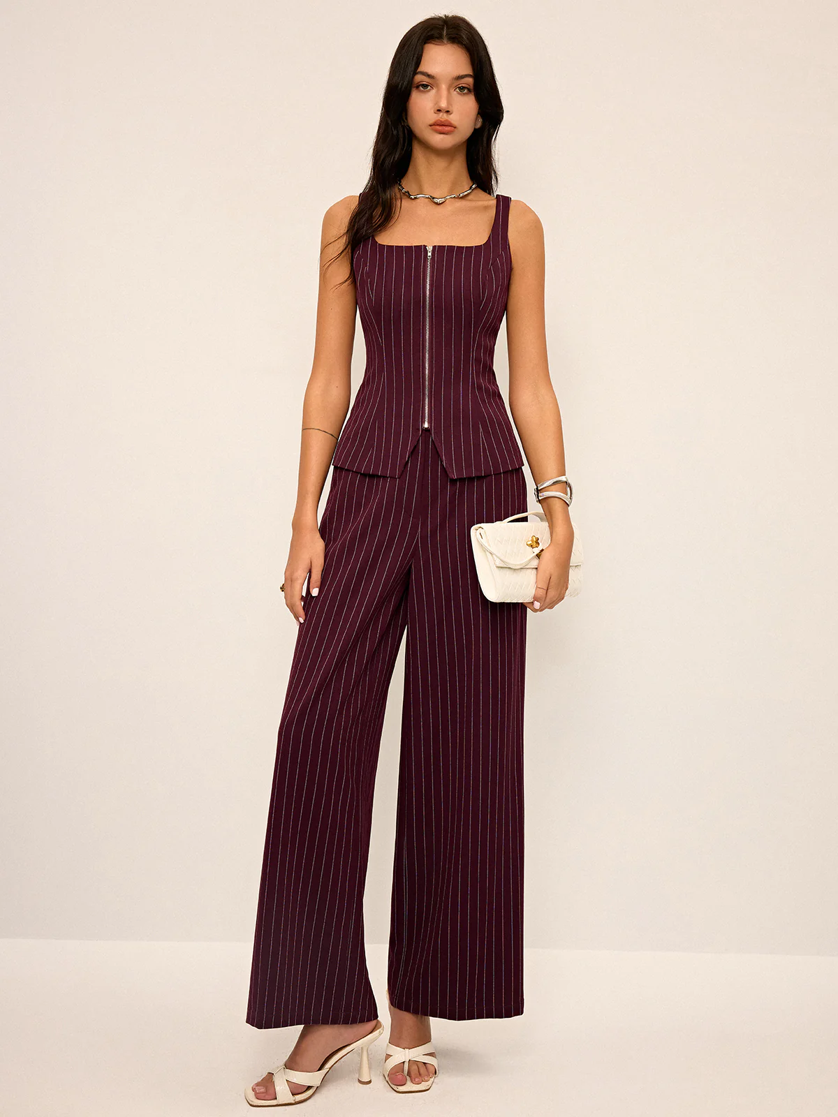 Pinstripe Wide-Leg Straight Pants - Wholesalesil