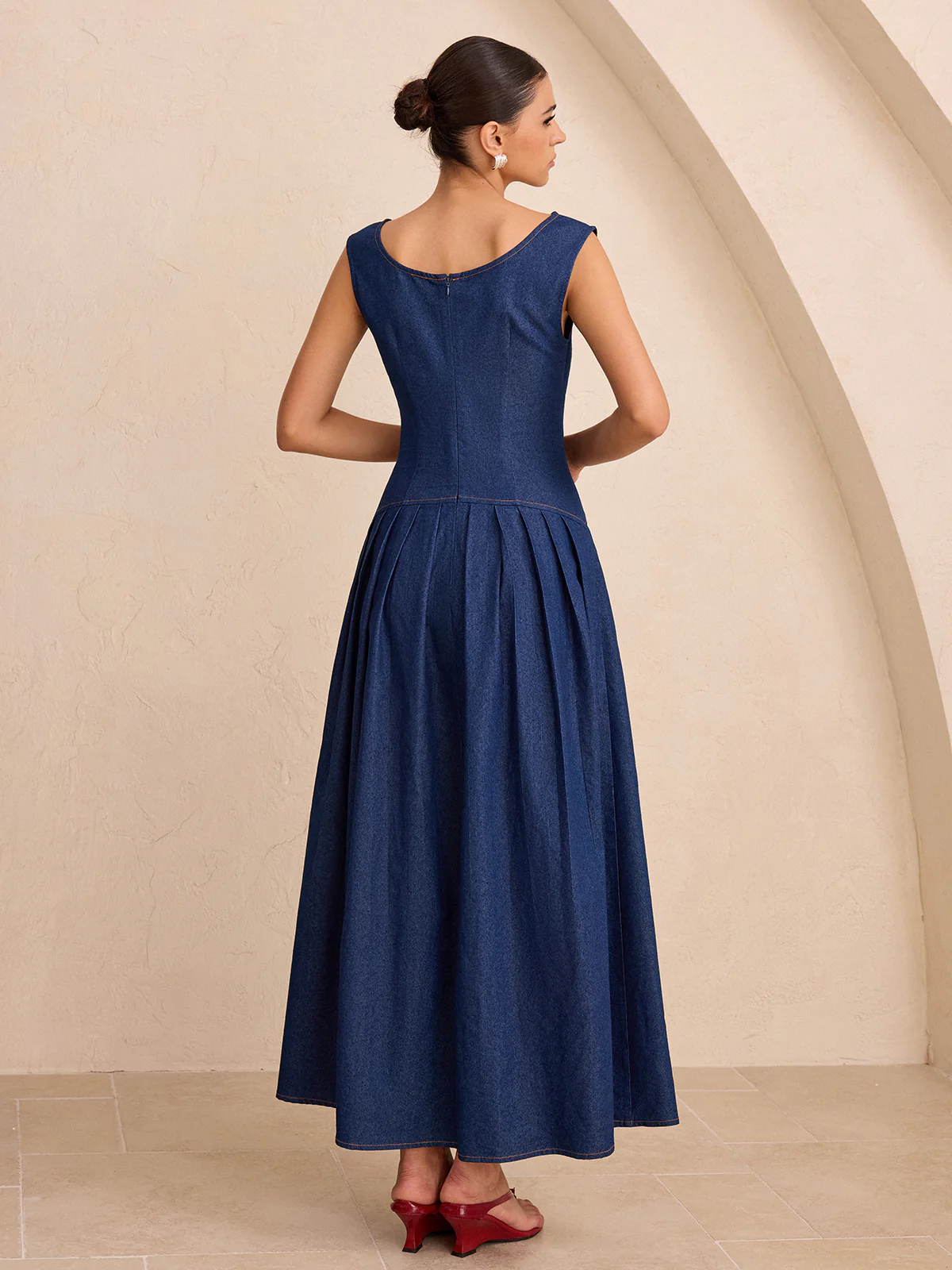 Faux Denim Sleeveless Pleated Maxi Dress - Wholesalesil