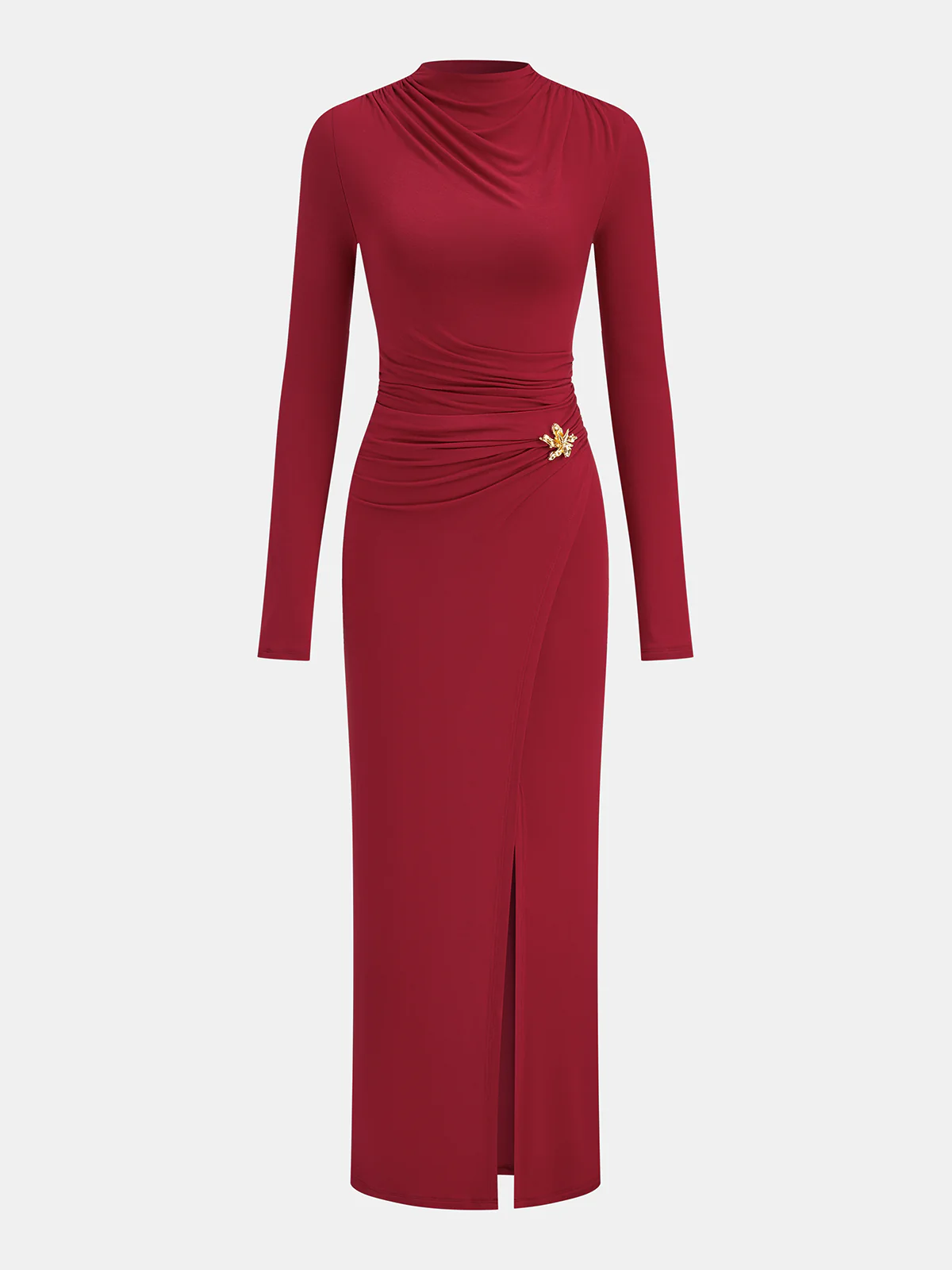 Metal Detail Mock Neck Long Sleeve Maxi Dress - Wholesalesil
