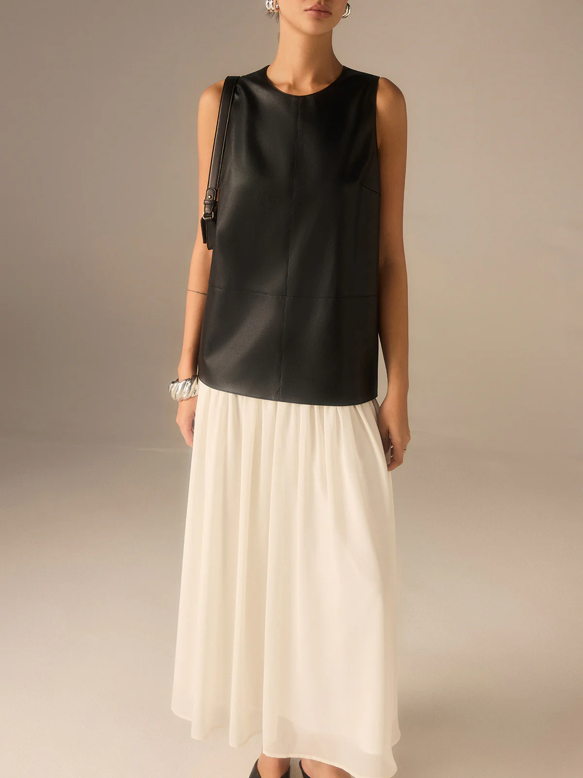 Two-Tone Faux Leather Chiffon Pleated Dress - Wholesalesil