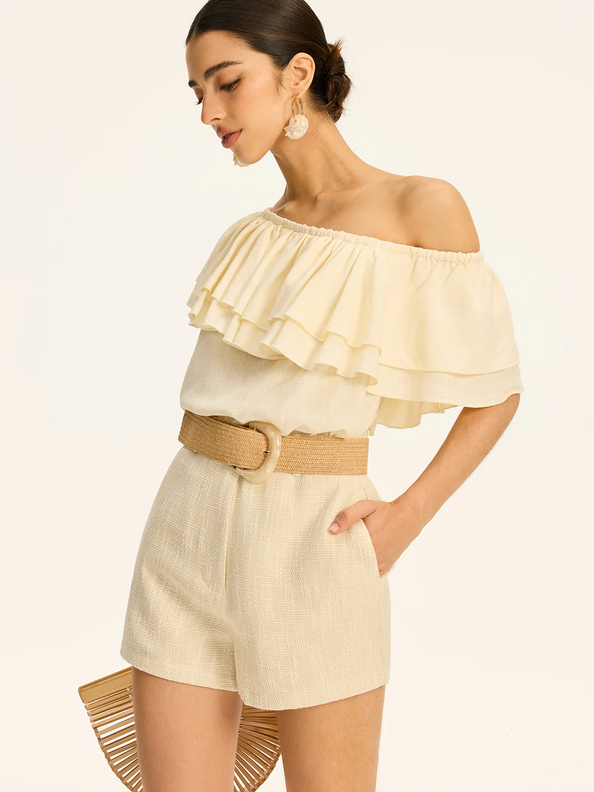Cotton & Linen One-Shoulder Ruffled Top - Wholesalesil