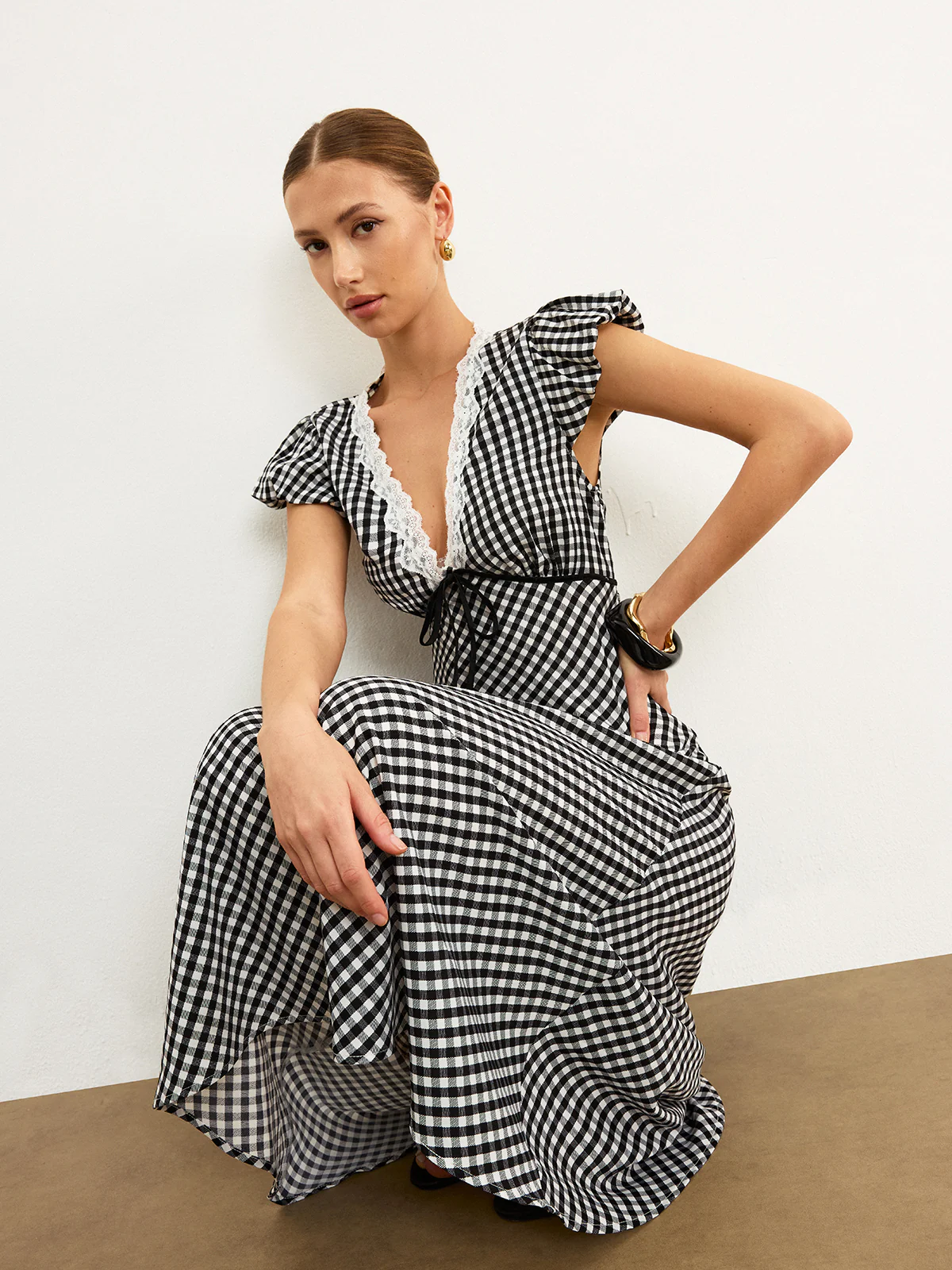 Gingham Lace-Trimmed Midi Dress - Wholesalesil