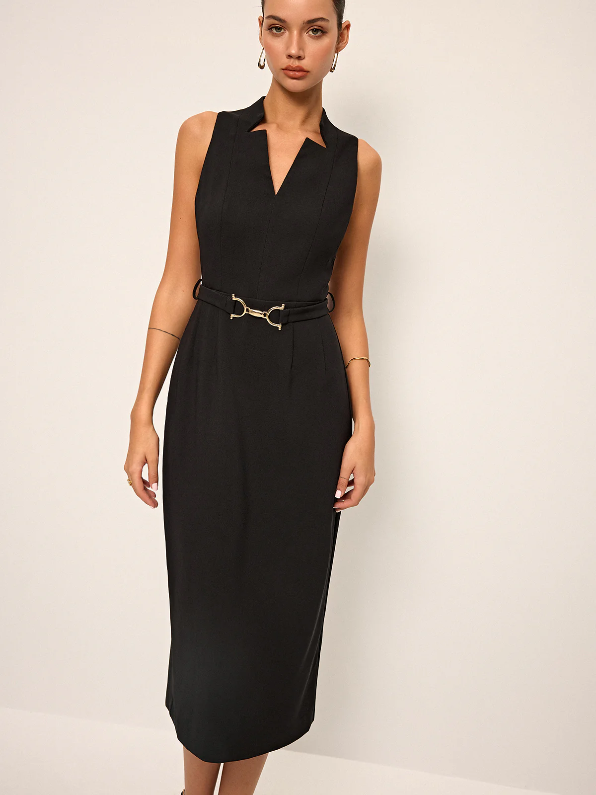 Sleeveless V-Neck Belted Midi Dress - Wholesalesil