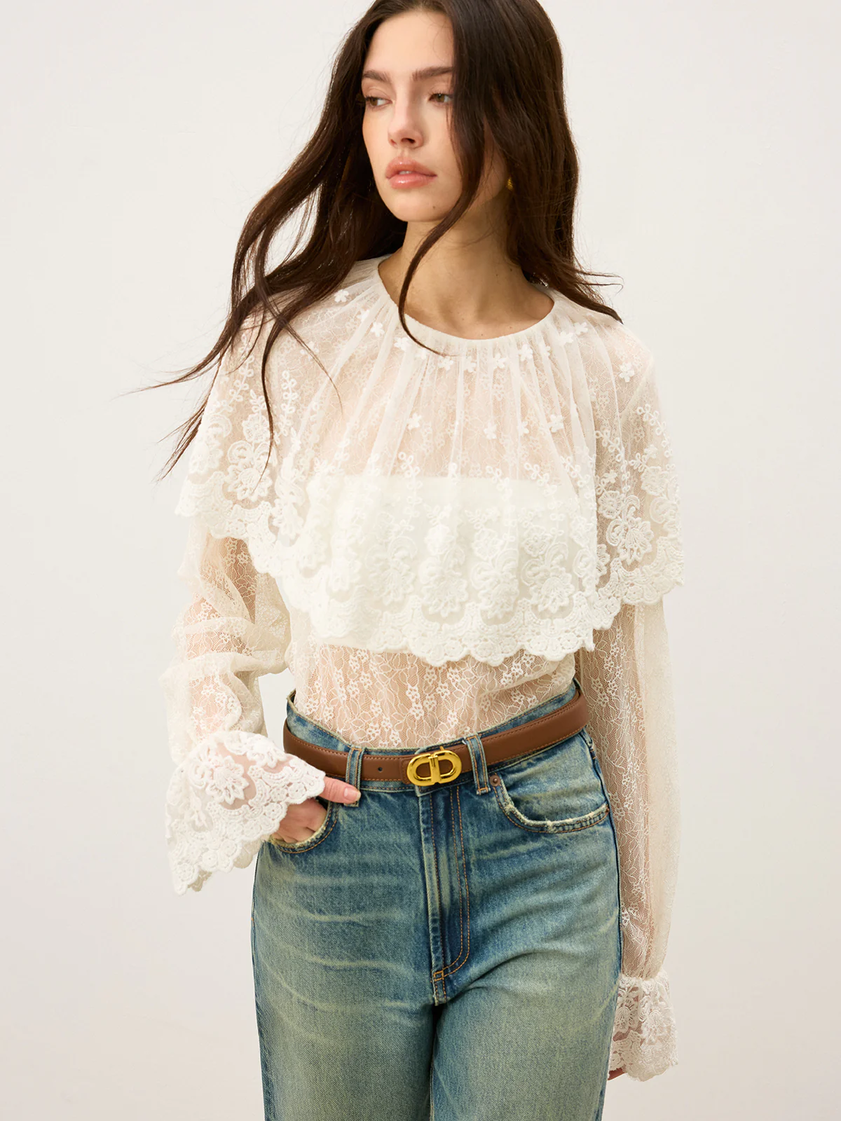 Semi-Sheer Ruffle-Trimmed Lace Flared-Sleeve Blouse - Wholesalesil