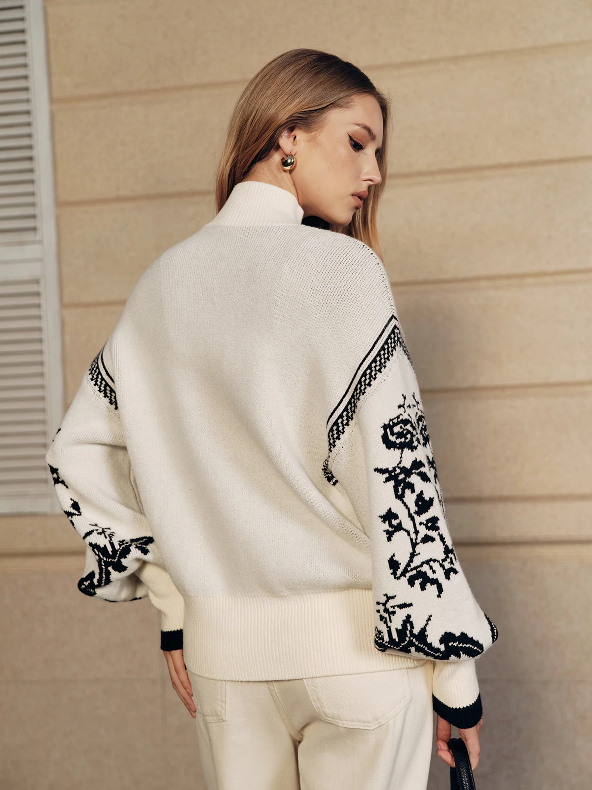 Floral Pattern Mock Neck Balloon Sleeve Sweater - Wholesalesil