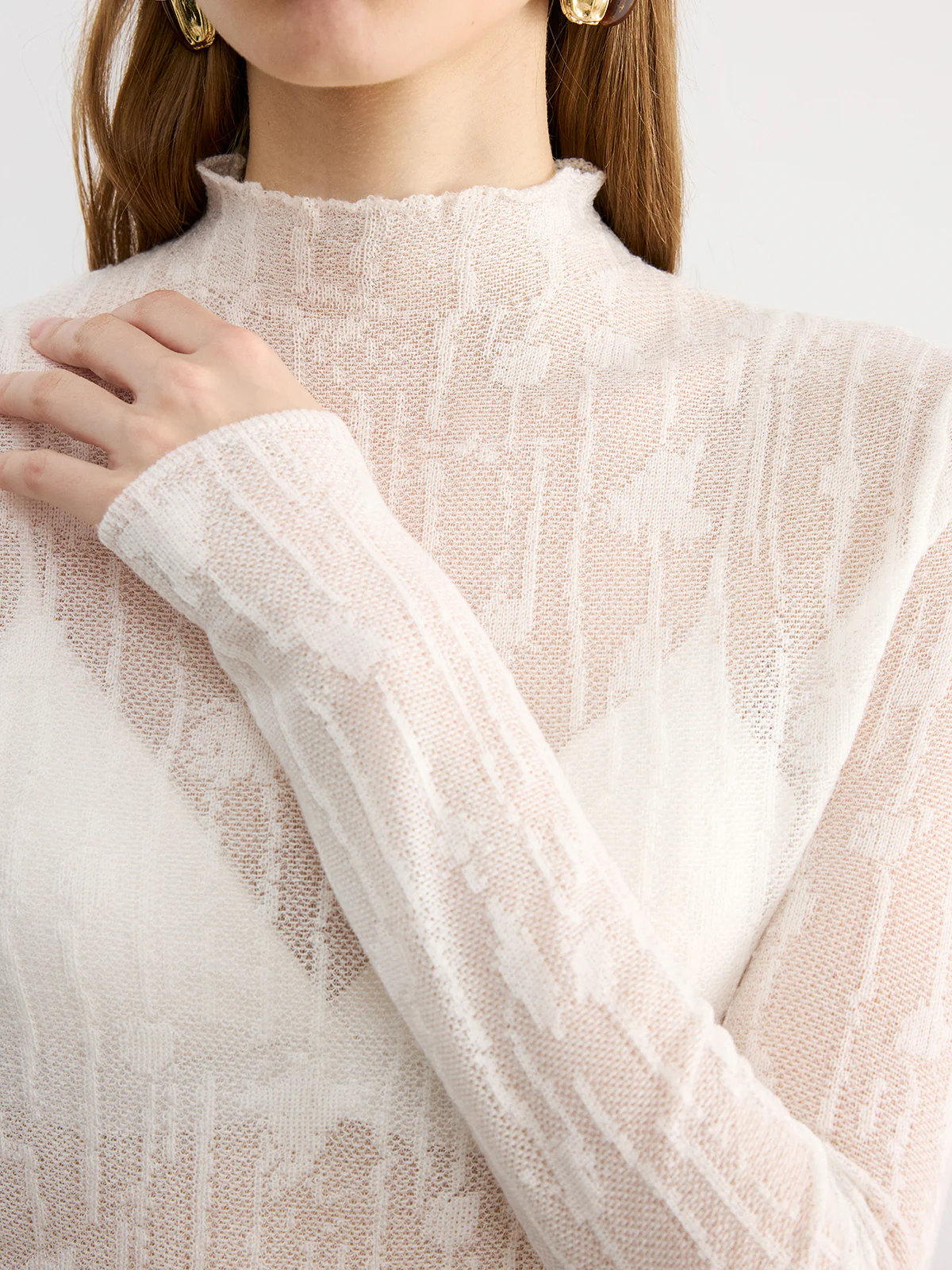 Wool Semi-Sheer Mock Neck Lace Top - Wholesalesil