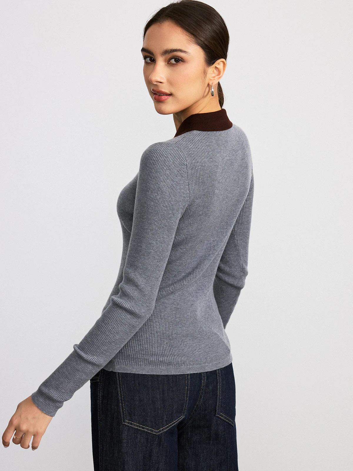 Contrast Collar Wool Blend Ribbed Knit Top - Wholesalesil