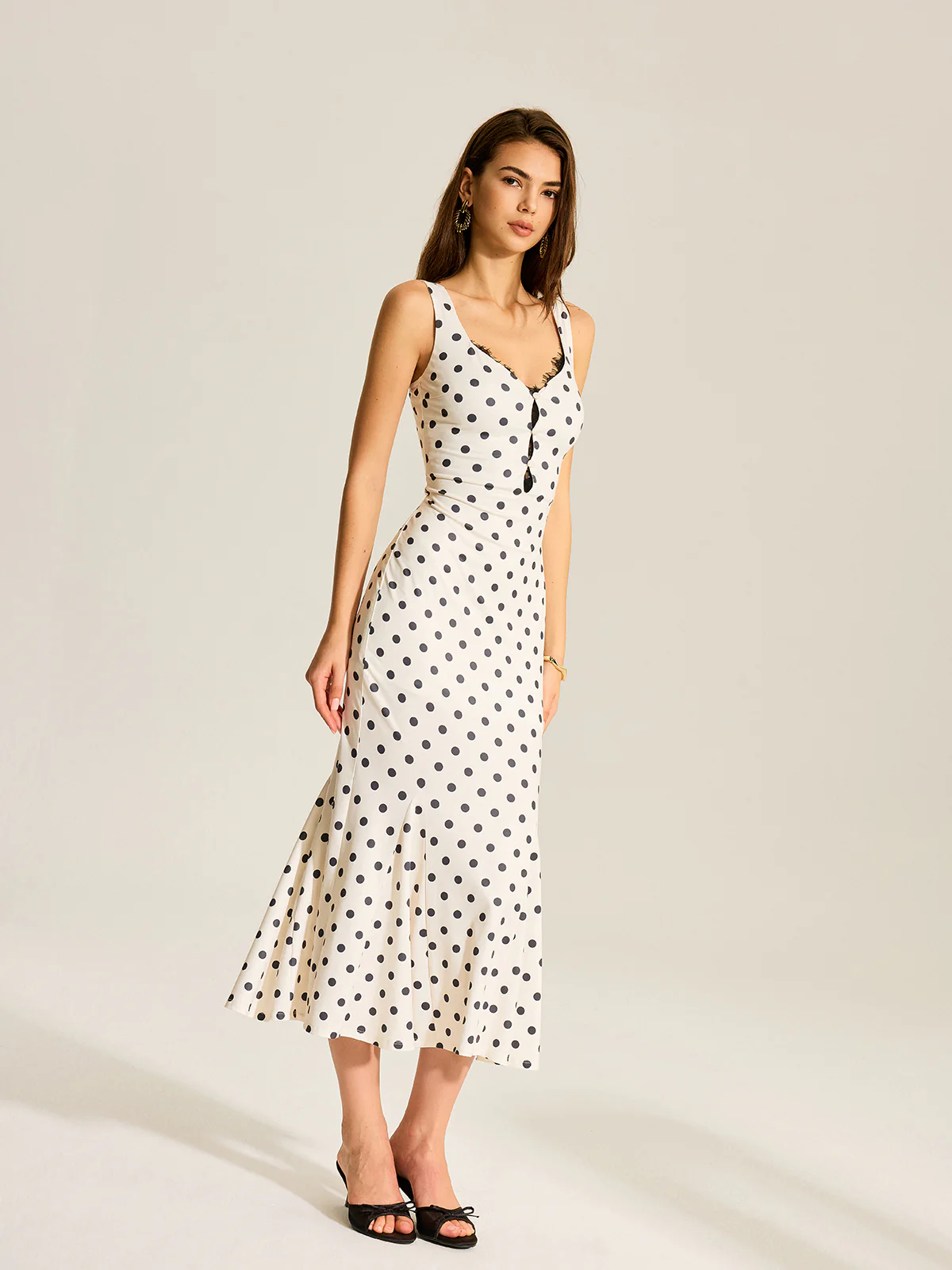 Polka Dot Two-Piece Maxi Dress with Lace Camisole - Wholesalesil