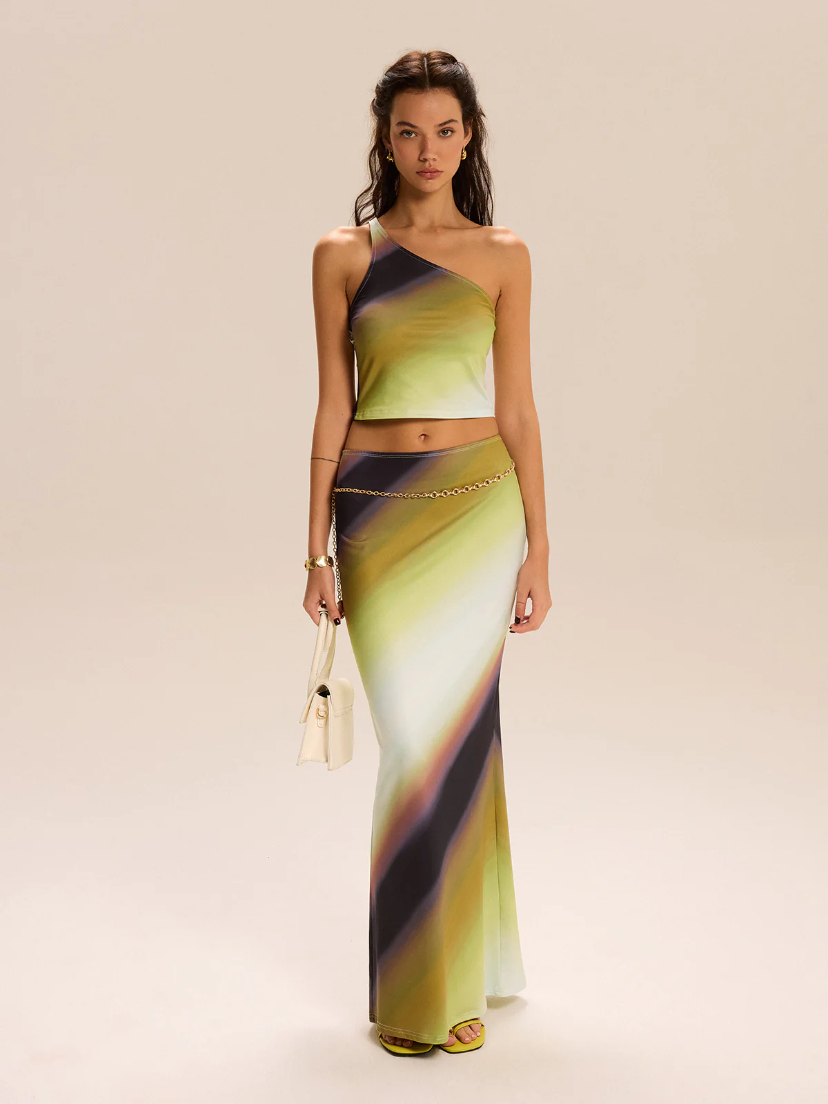 Gradient Print One-Shoulder Skirt Set - Wholesalesil