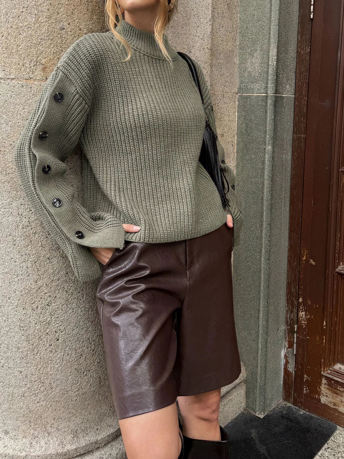 Mock Neck Button-Detail Sleeve Sweater - Wholesalesil