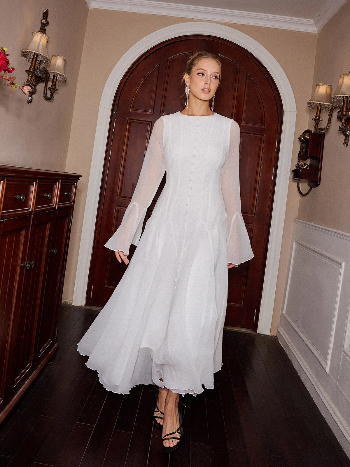 Sheer Bell Sleeve Maxi Dress - Wholesalesil