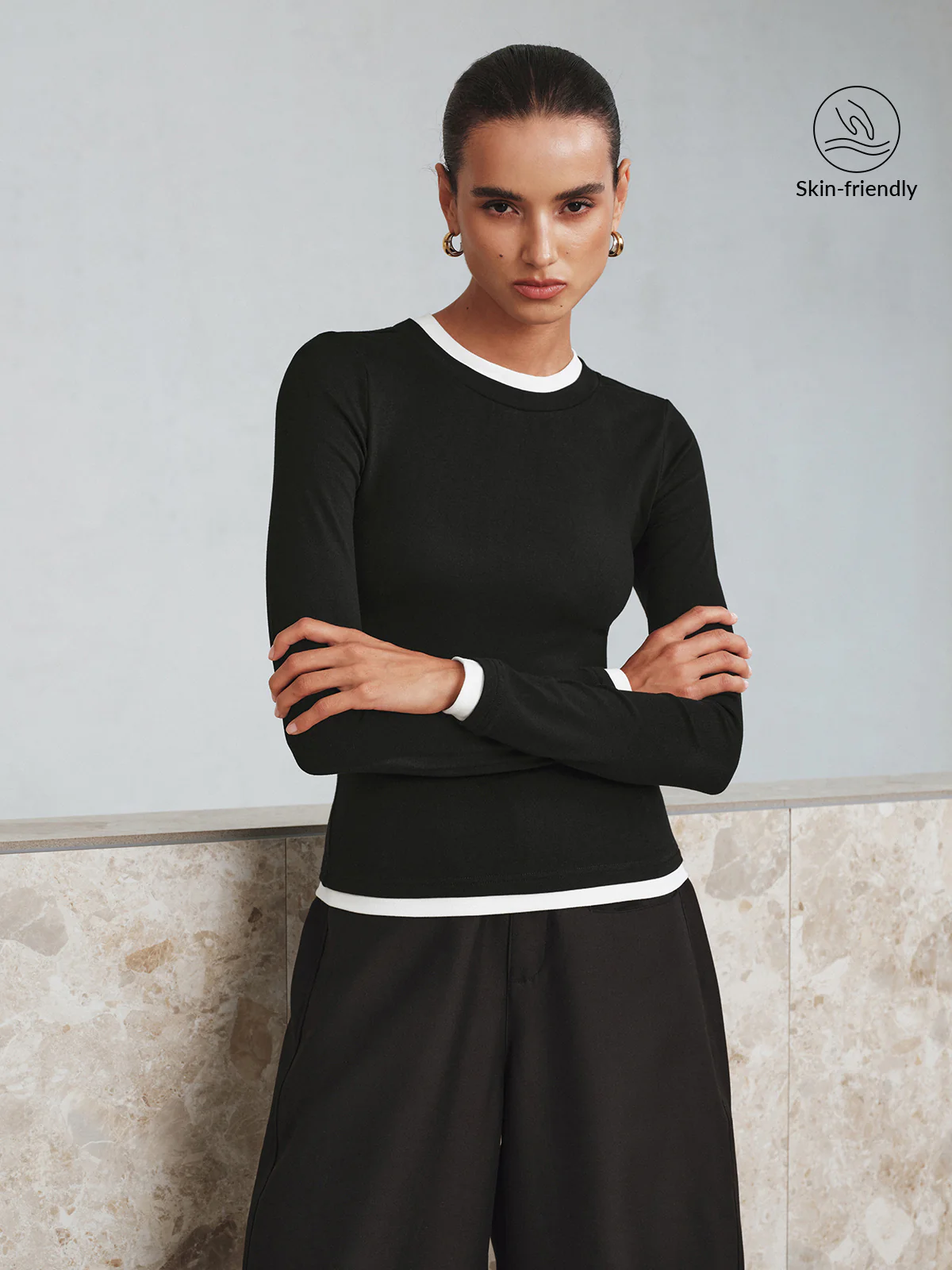 Contrast Trim Long Sleeve T-Shirt - Wholesalesil