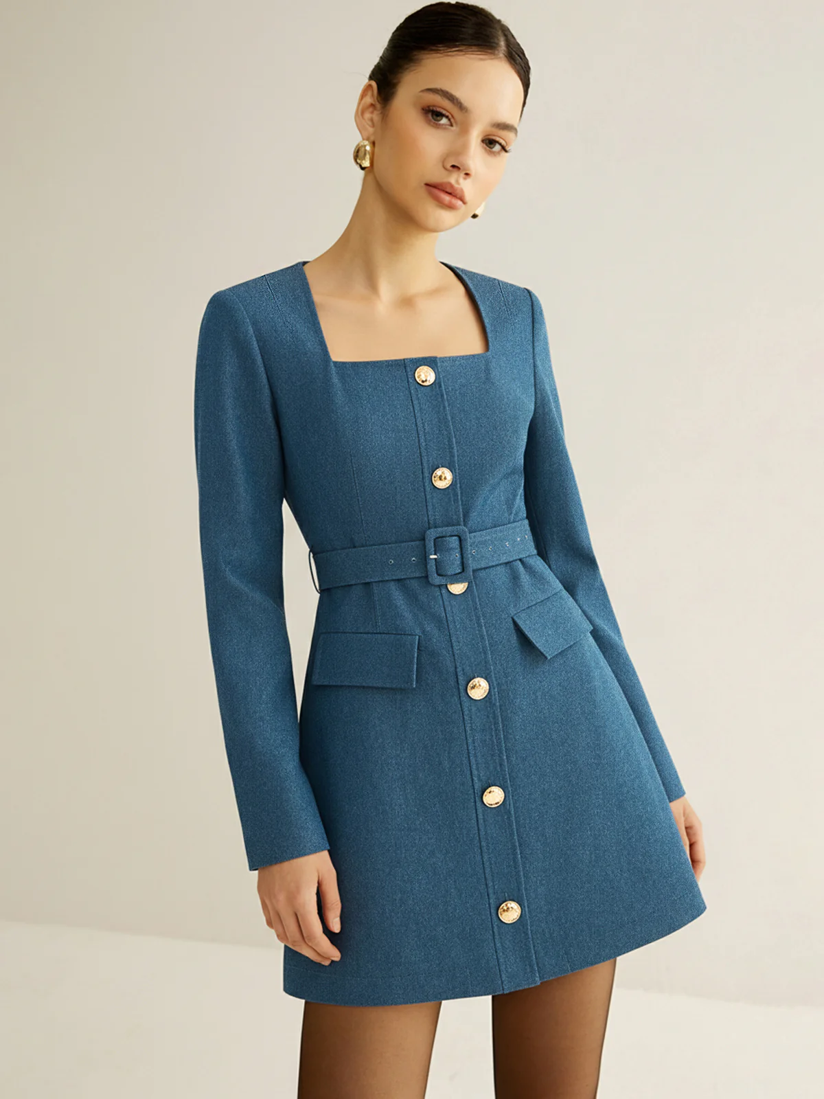 Square-Neck Belted Metal Button Mini Dress - Wholesalesil