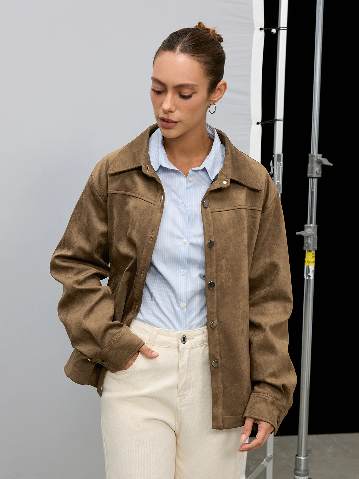 Belted Collared Suede Effect Jacket - Wholesalesil
