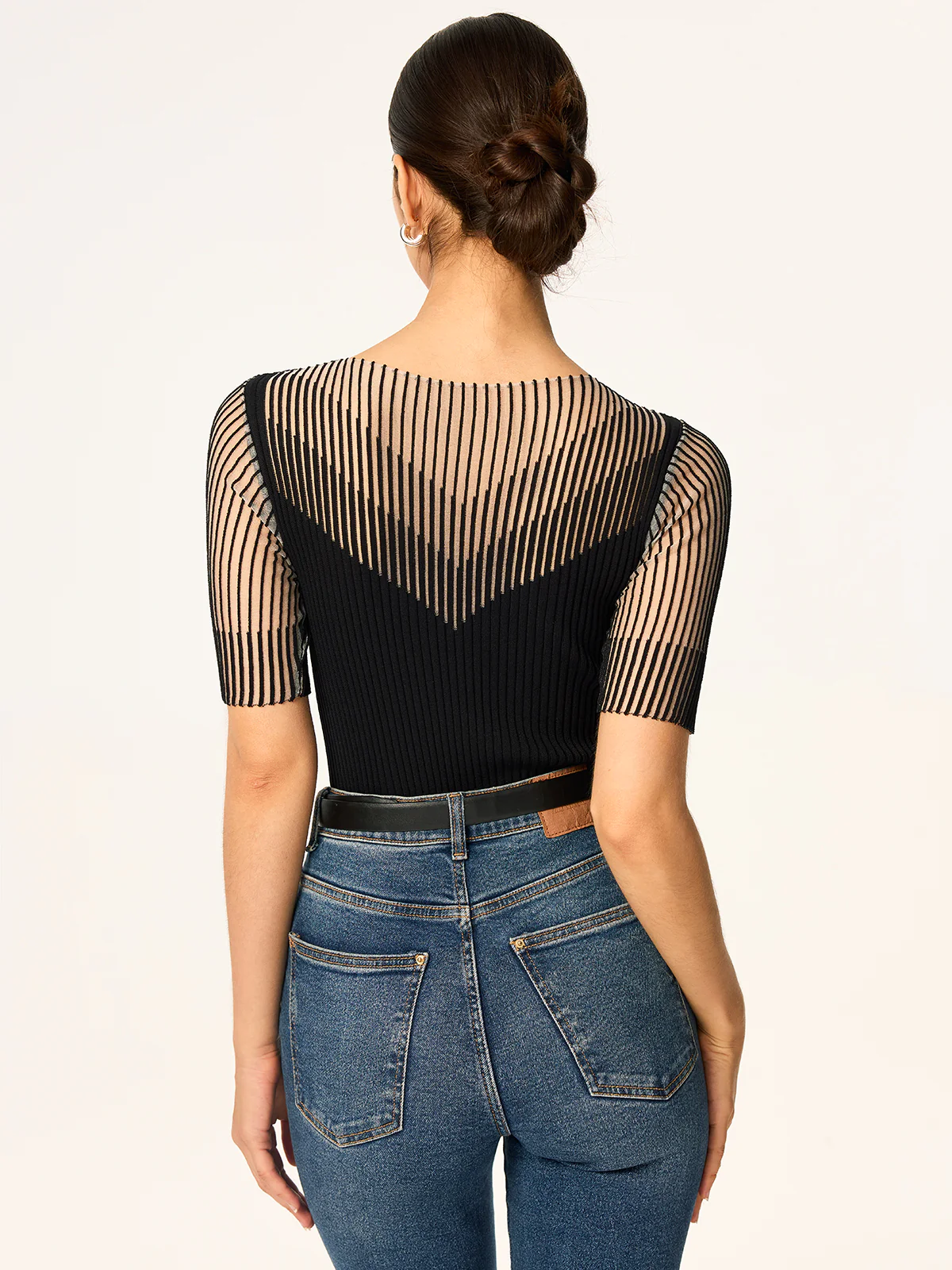 Sheer Striped Panel Ribbed Knit Top - Wholesalesil