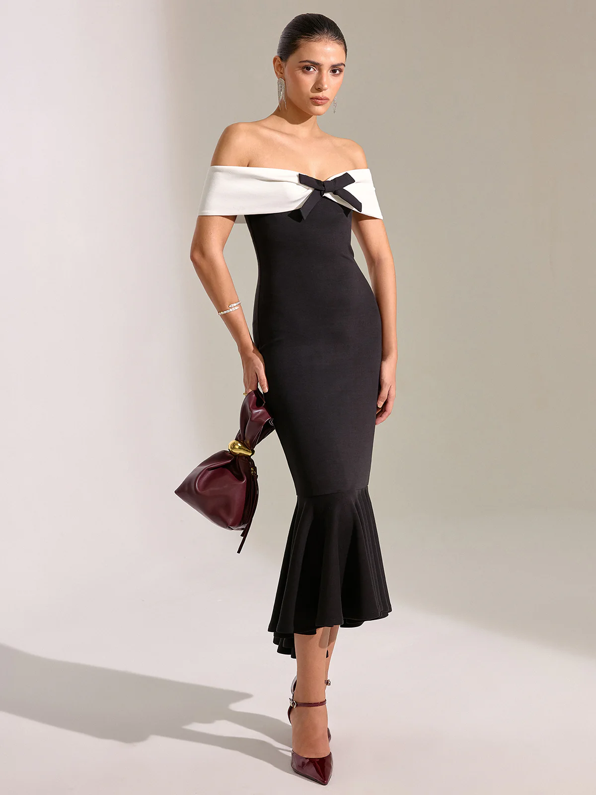 Bow Off-Shoulder Mermaid Midi Dress - Wholesalesil