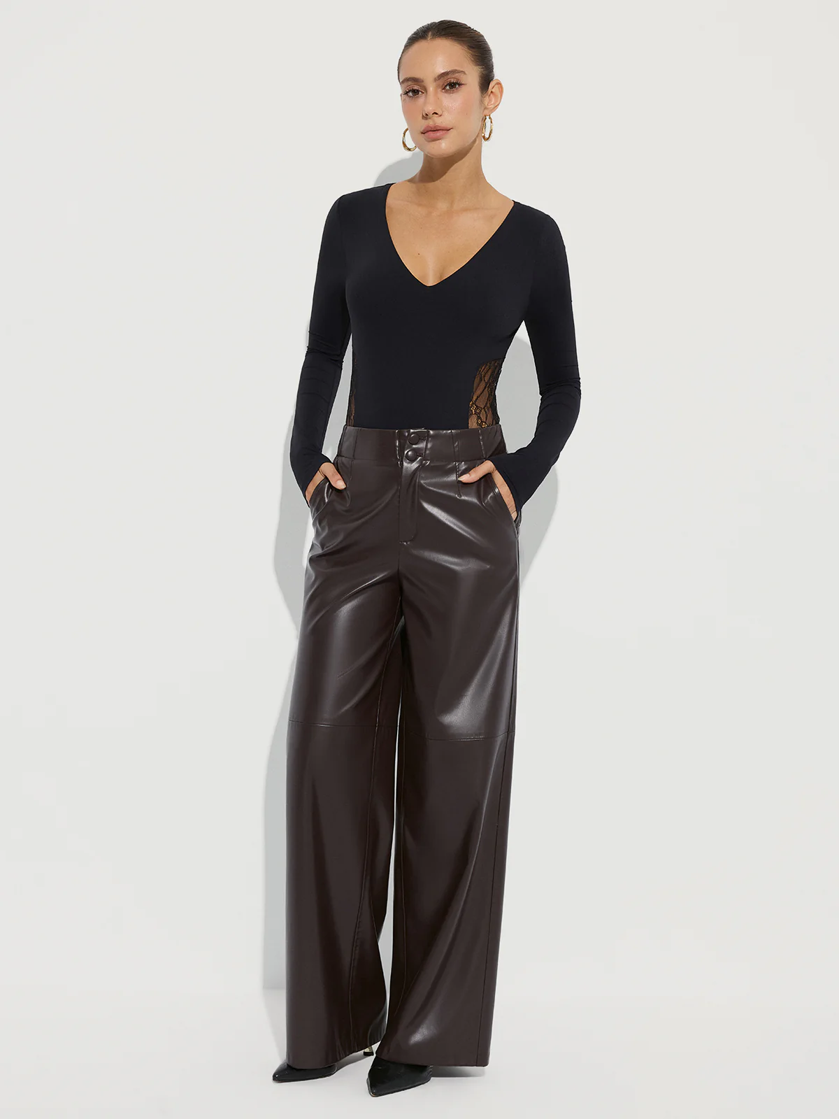 Bra-Free Deep V-Neck Lace Panel Bodysuit - Wholesalesil