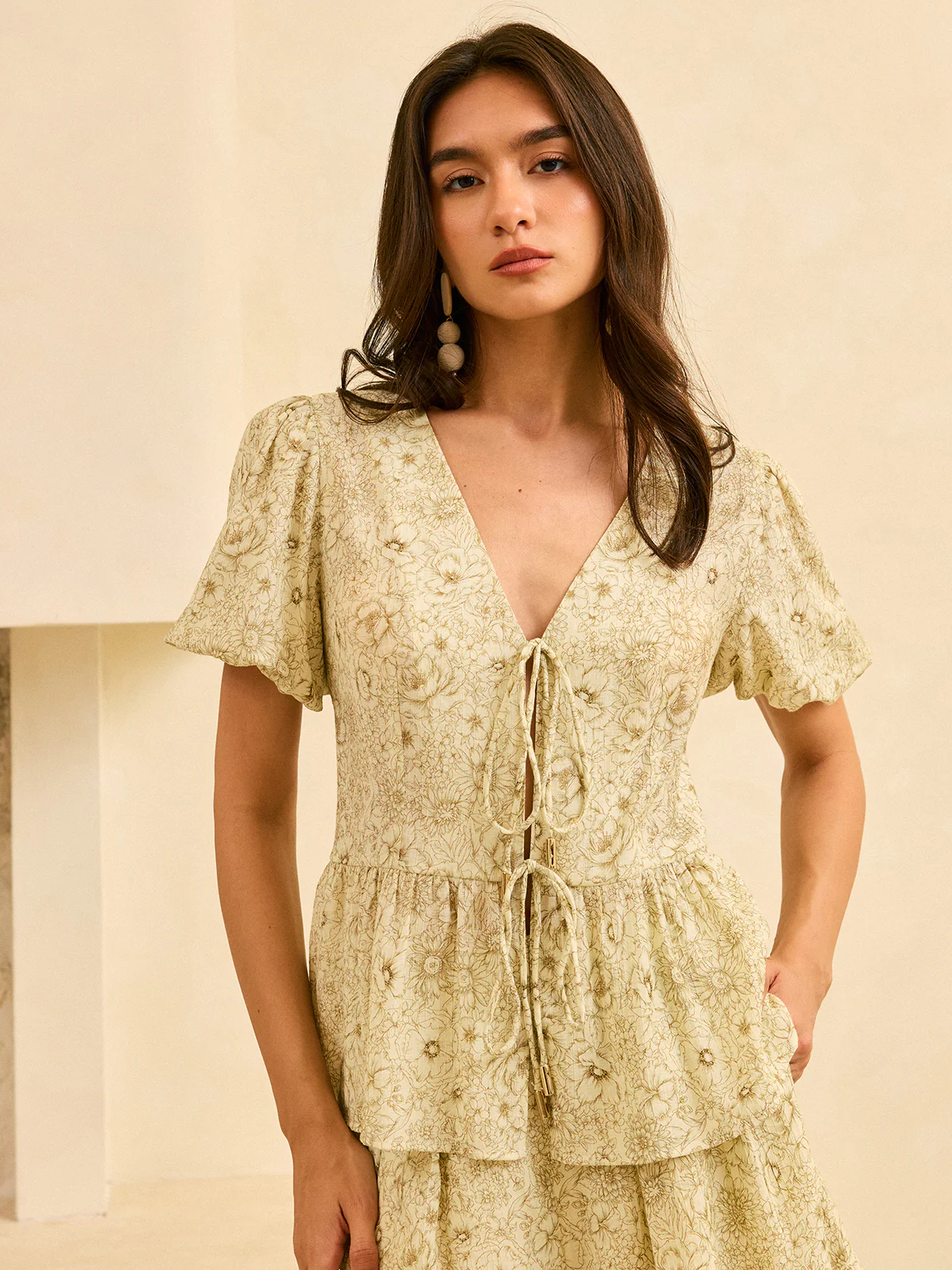 Semi-Sheer Floral Print Peplum Tie-Front Blouse - Wholesalesil