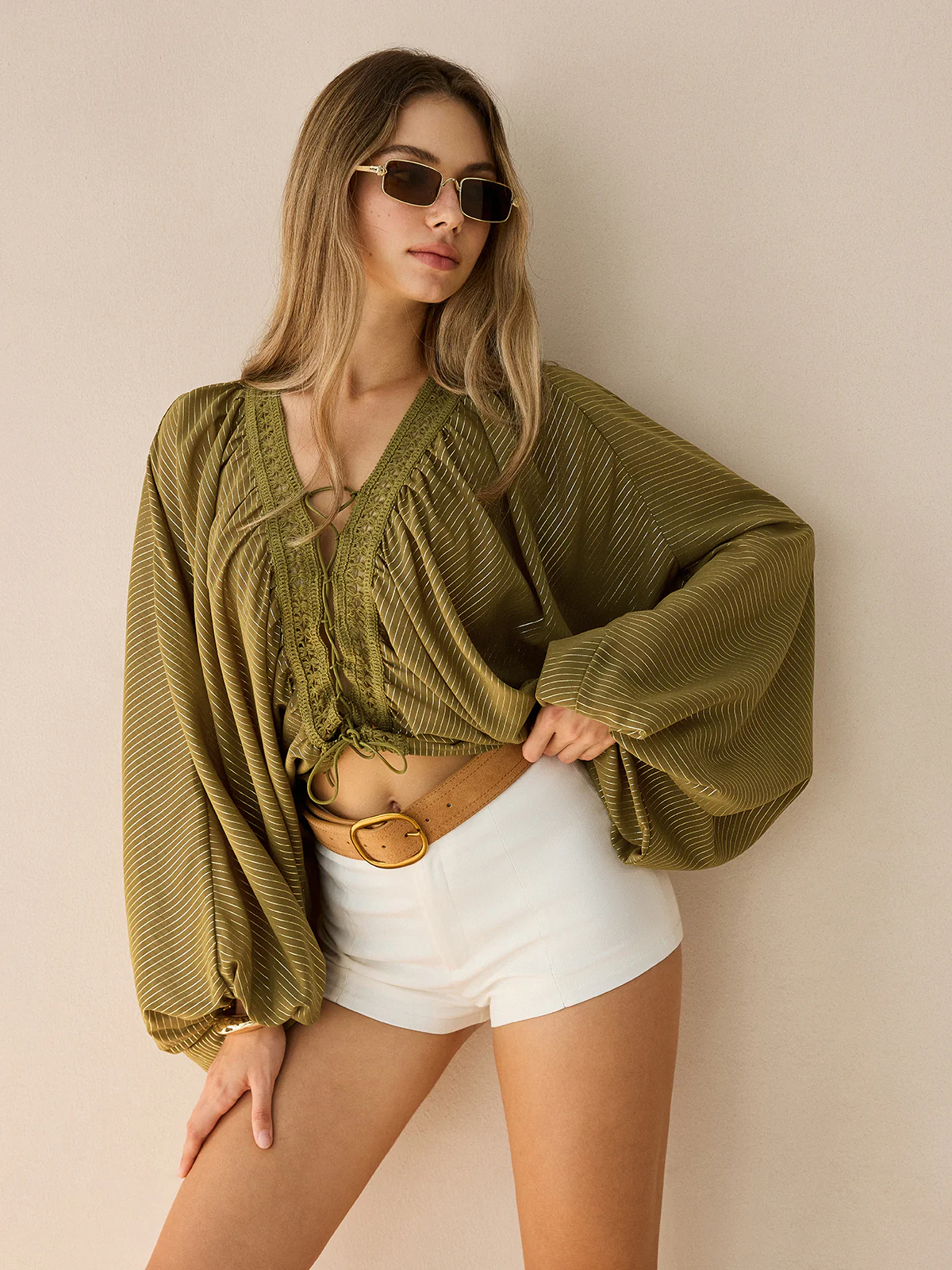 Semi-Sheer Striped Lace-Up Blouse with Batwing Sleeves - Wholesalesil