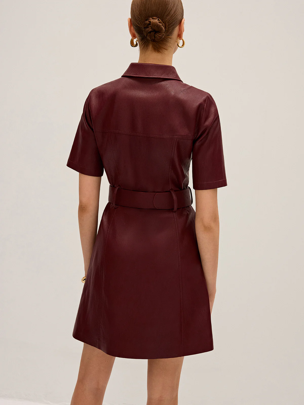 Shirt Collar Belted PU Leather Mini Dress - Wholesalesil