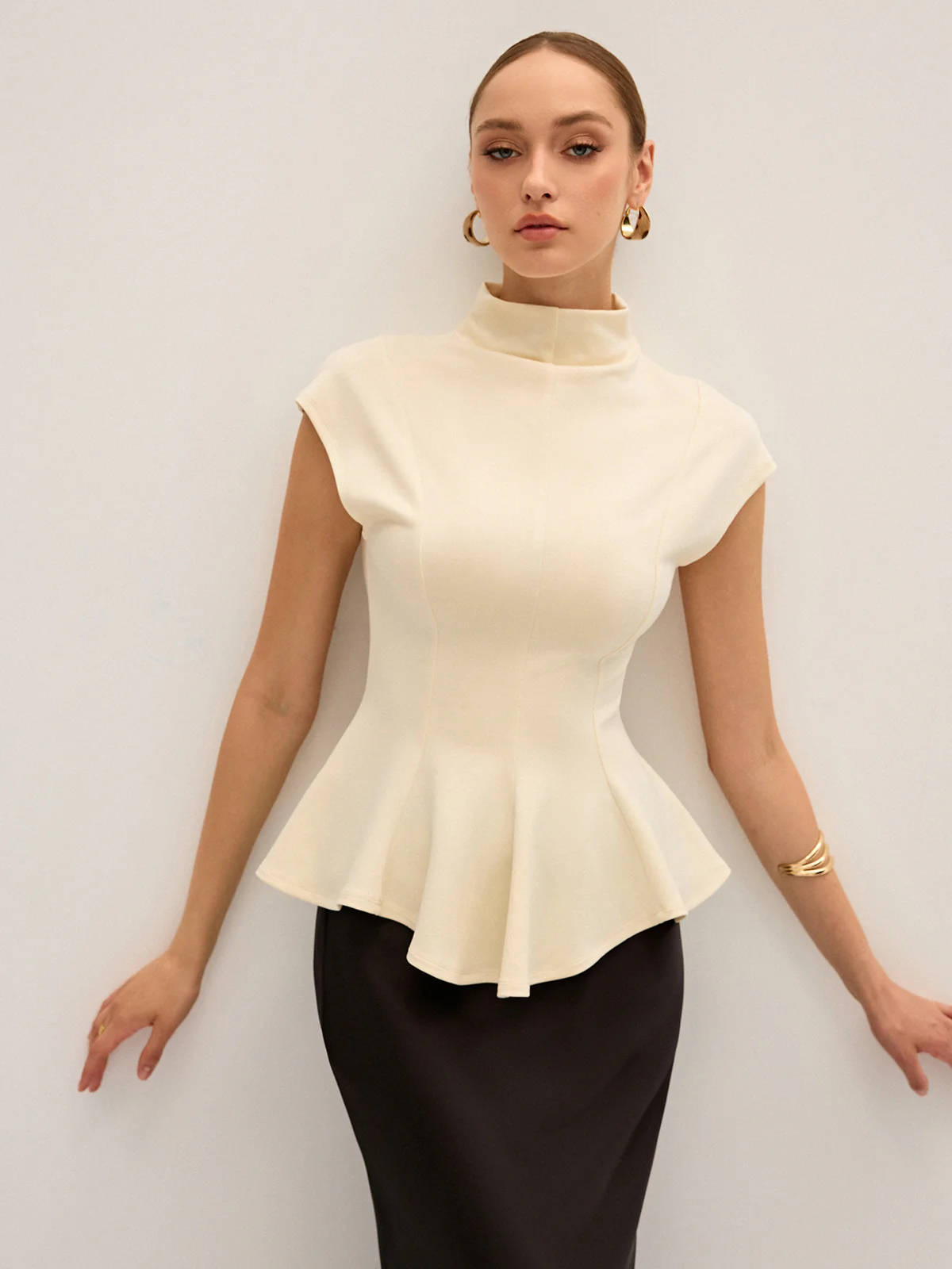 Mock Neck Cap Sleeve Peplum Top - Wholesalesil