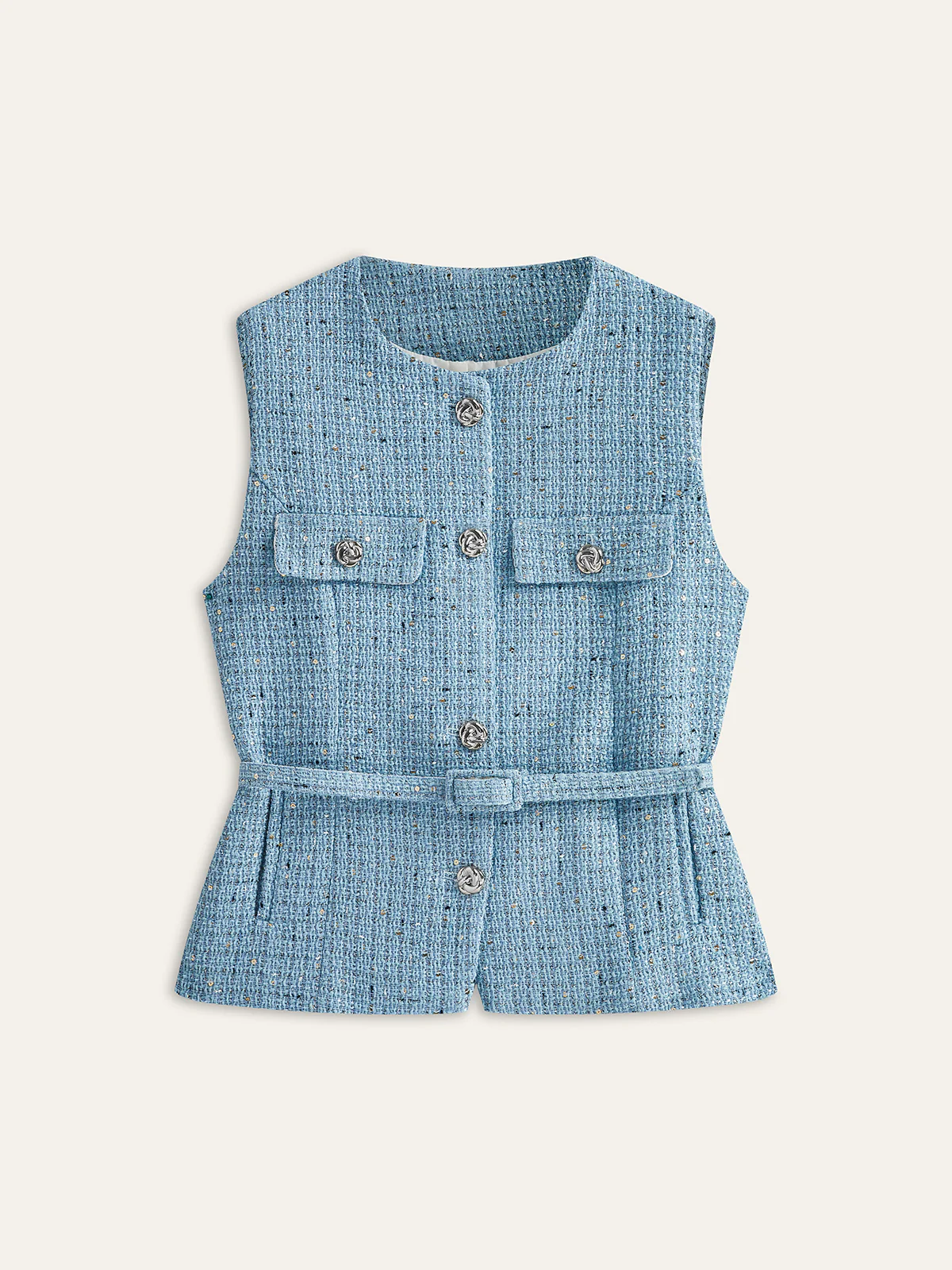 Tweed Sleeveless Belted Vest - Wholesalesil