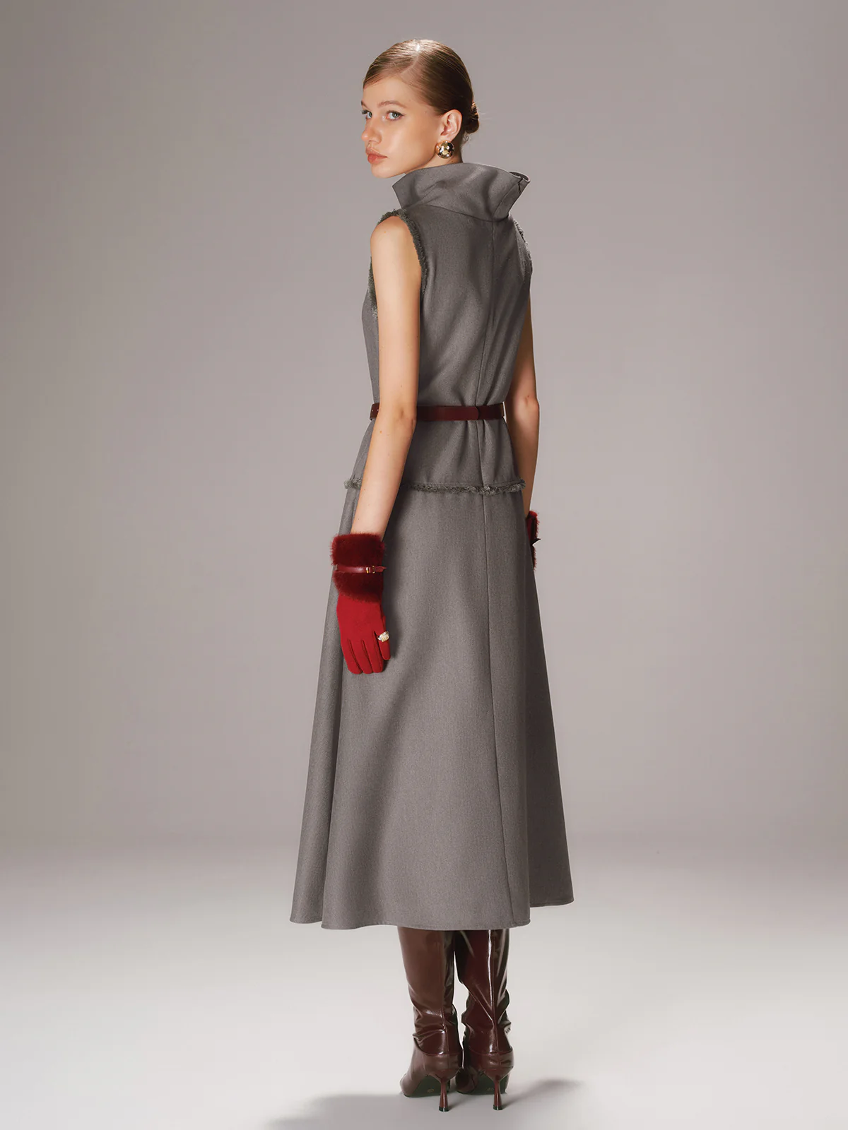 Belted Turtleneck Sleeveless Maxi Dress - Wholesalesil