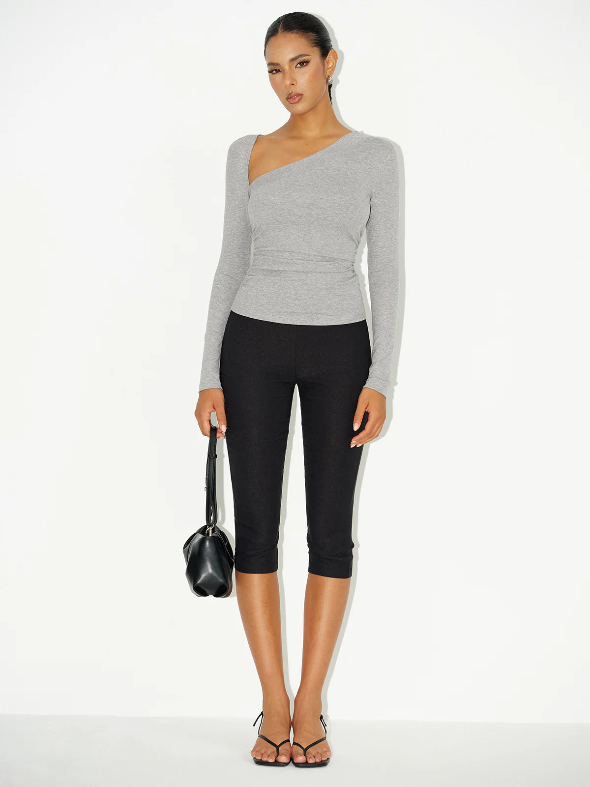 Asymmetric Neckline Ruched Long Sleeve Blouse - Wholesalesil