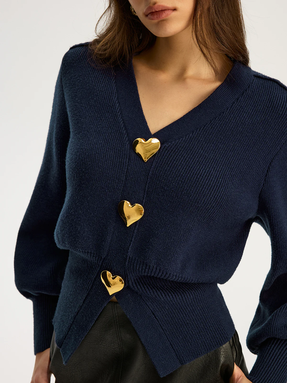 Heart Metal Detail V-Neck Sweater - Wholesalesil