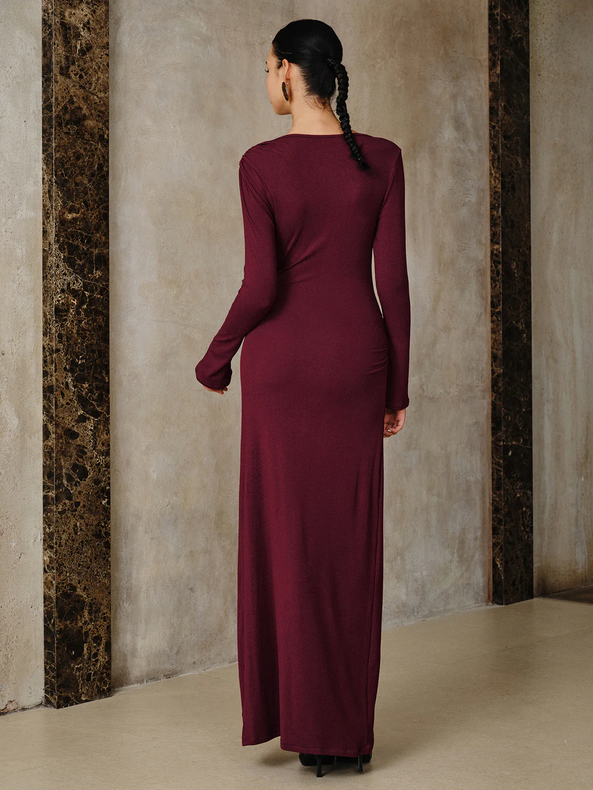 Metal Buckle Long Sleeve Ruched Maxi Dress - Wholesalesil